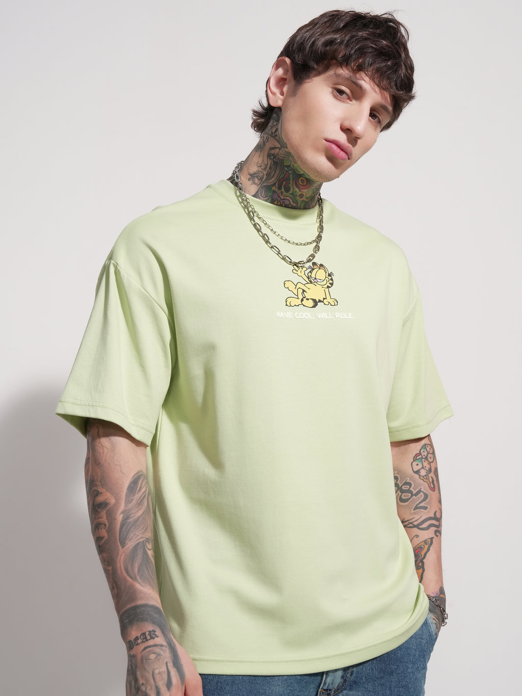 Highlander Men Green Garfield Printed Round Neck Oversized Fit T-Shirt - Green - Image 6