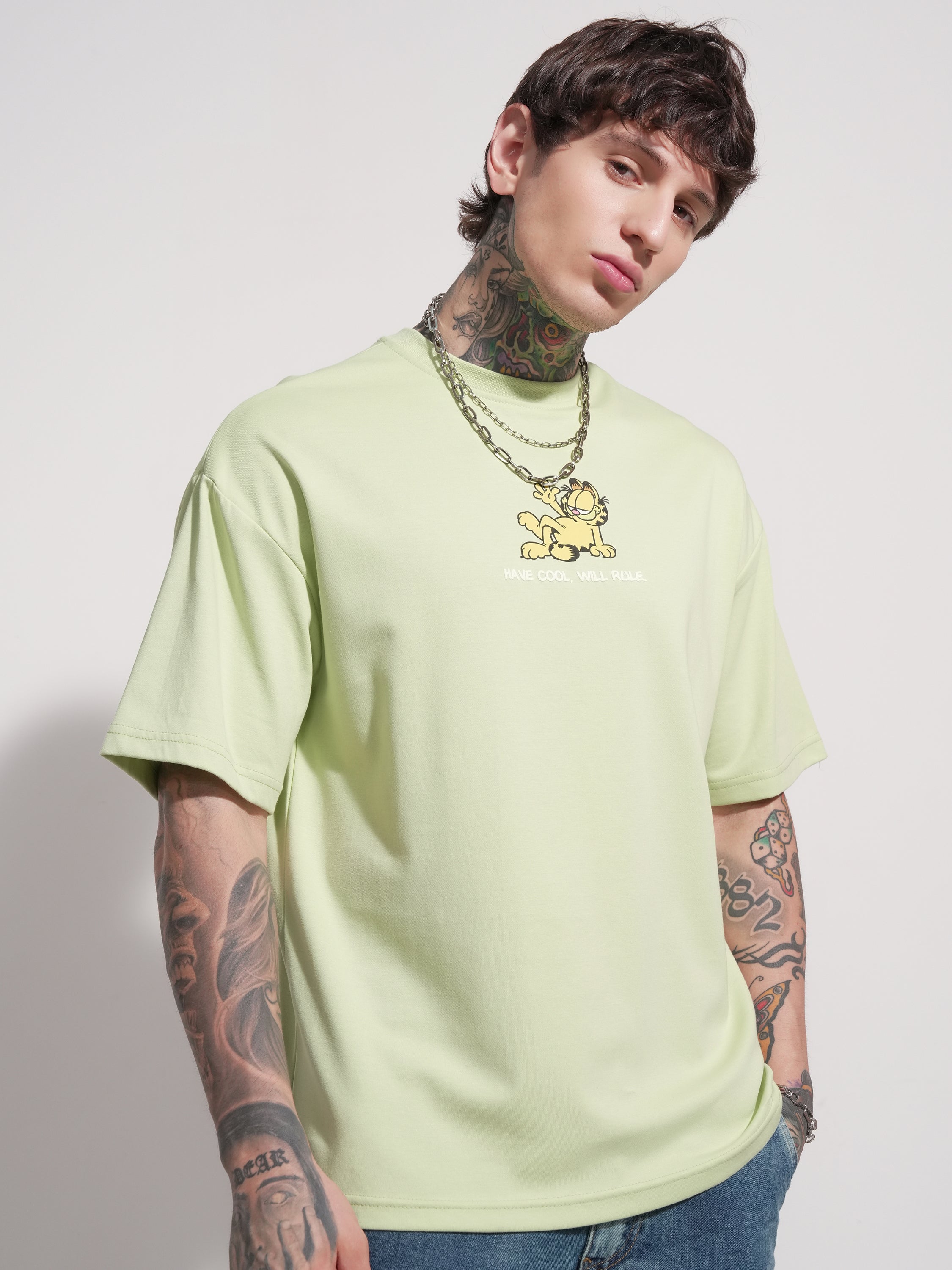 Highlander Men Green Garfield Printed Round Neck Oversized Fit T-Shirt - Green - Image 6