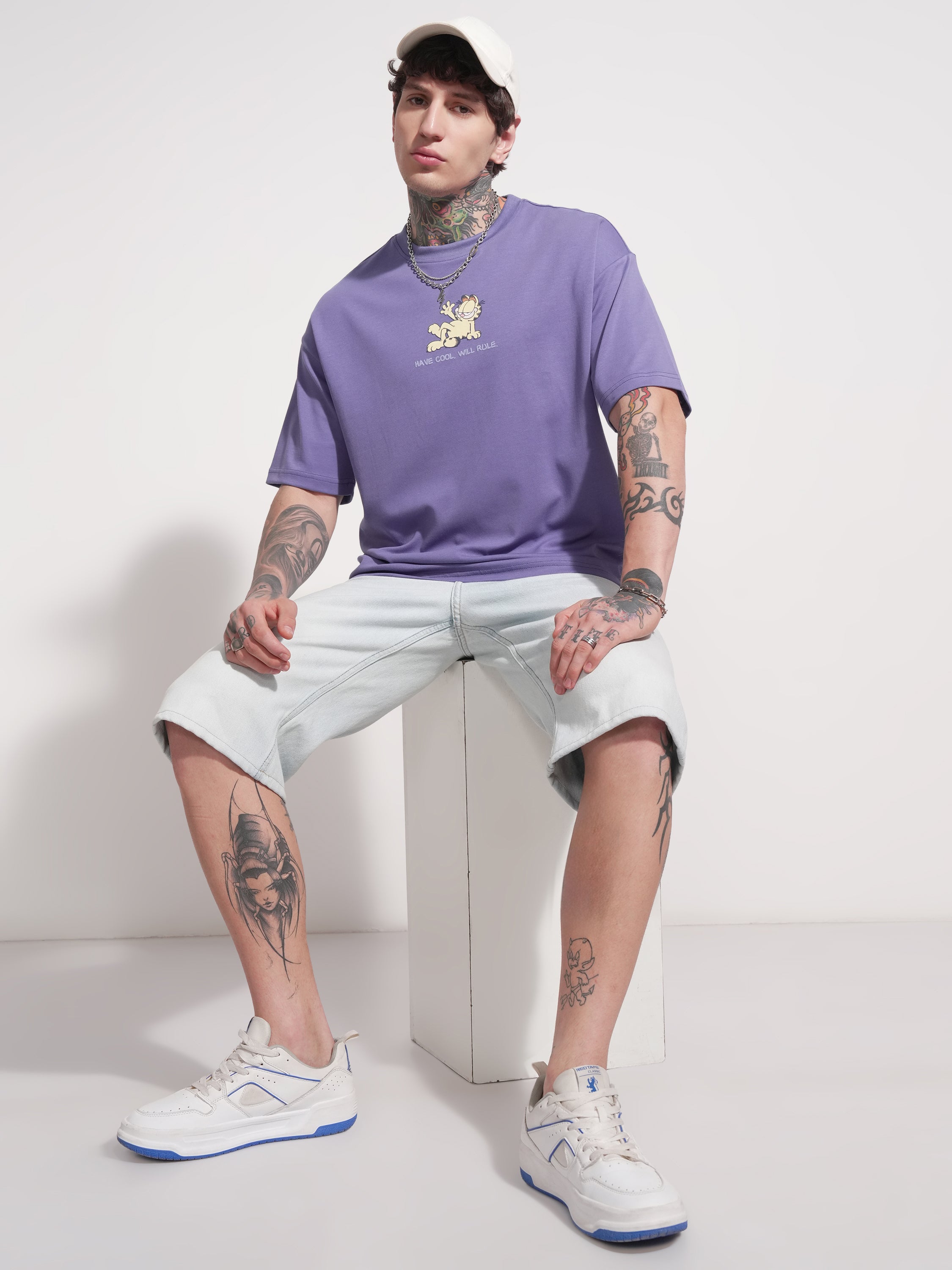 Highlander Men Purple Garfield Printed Round Neck Oversized Fit T-Shirt - Purple - Image 2