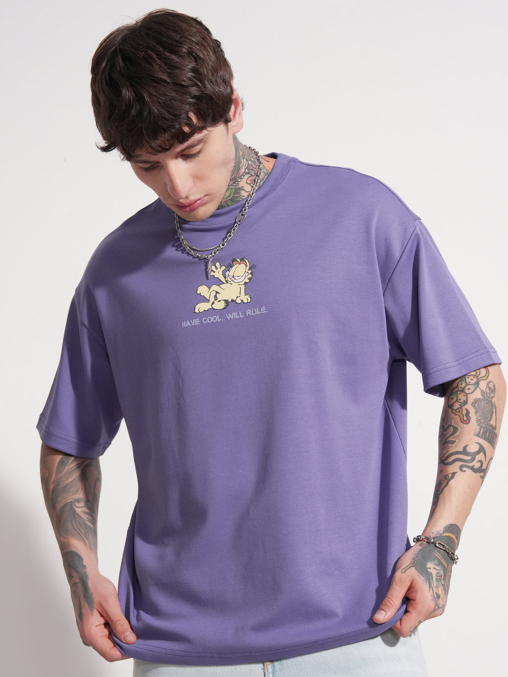 Highlander Men Purple Garfield Printed Round Neck Oversized Fit T-Shirt - Purple - Image 3