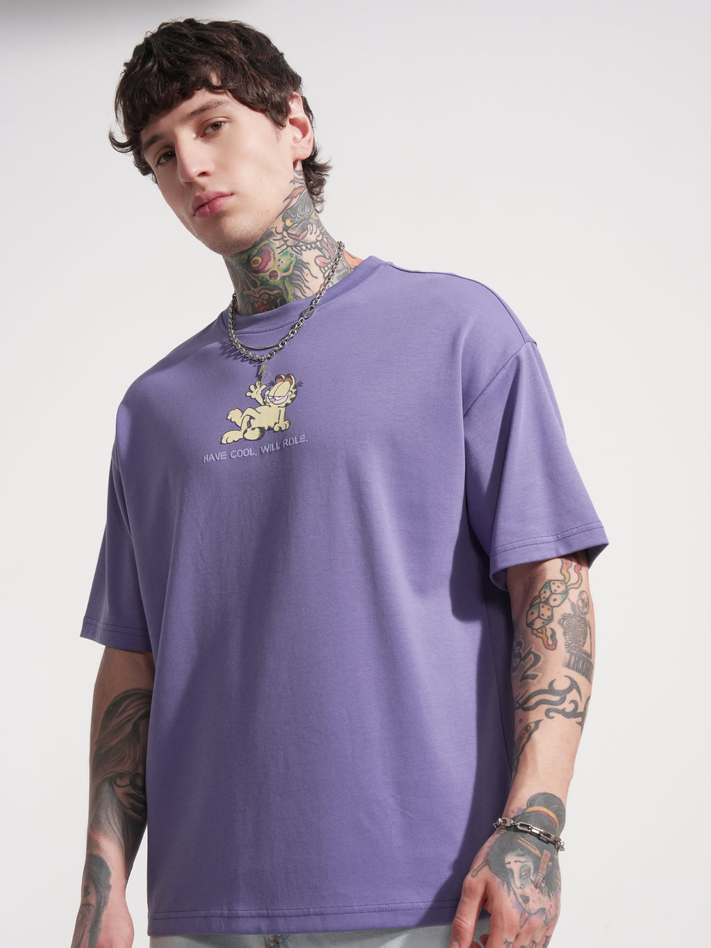 Highlander Men Purple Garfield Printed Round Neck Oversized Fit T-Shirt - Purple - Image 4