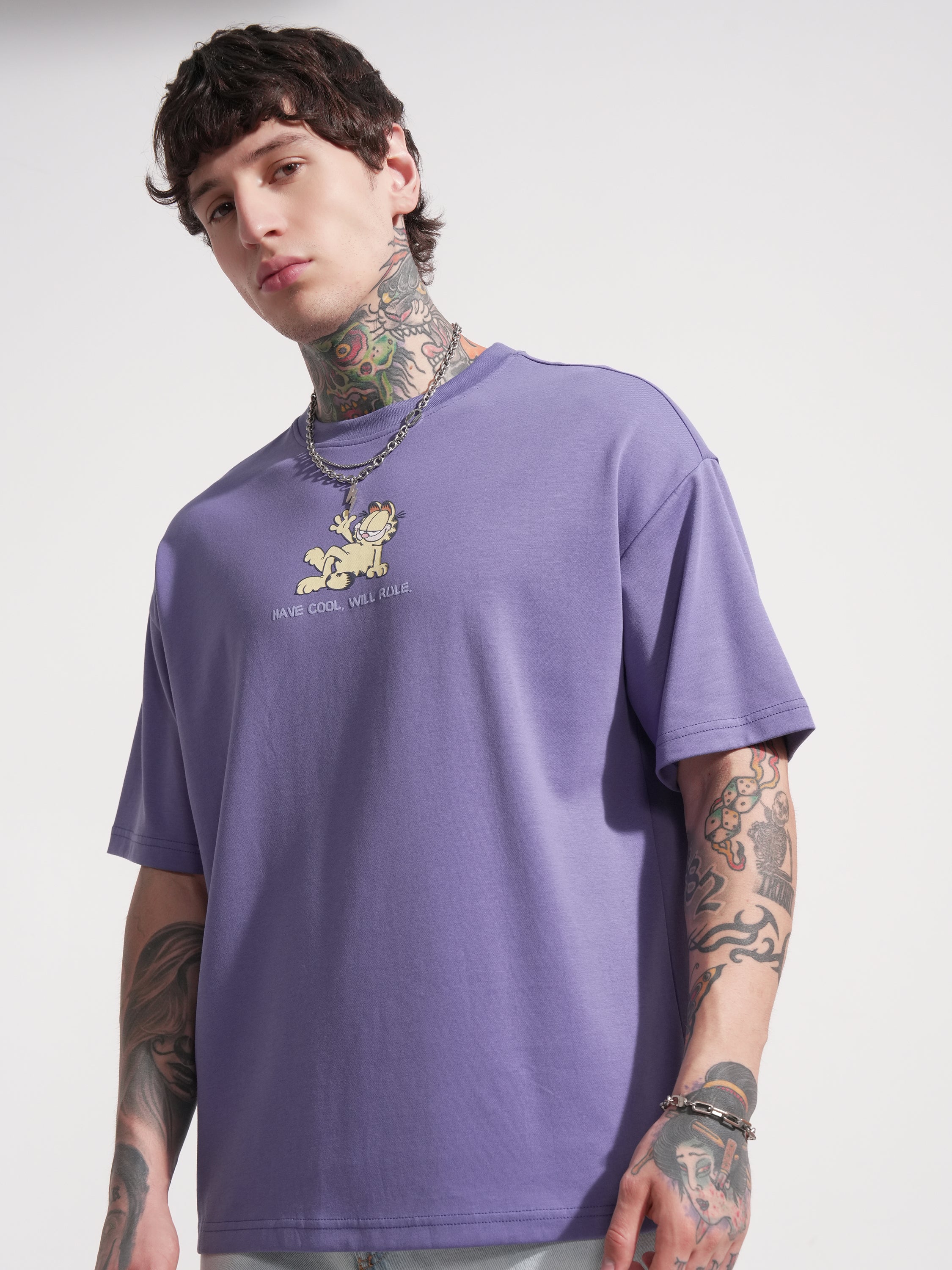 Highlander Men Purple Garfield Printed Round Neck Oversized Fit T-Shirt - Purple - Image 4