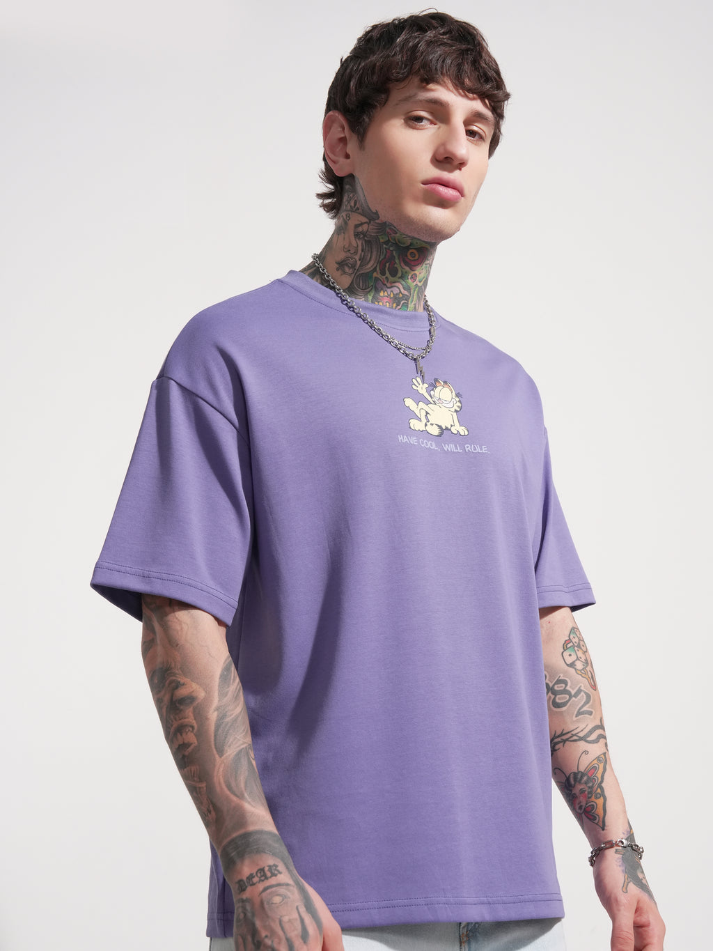 Highlander Men Purple Garfield Printed Round Neck Oversized Fit T-Shirt - Purple - Image 6