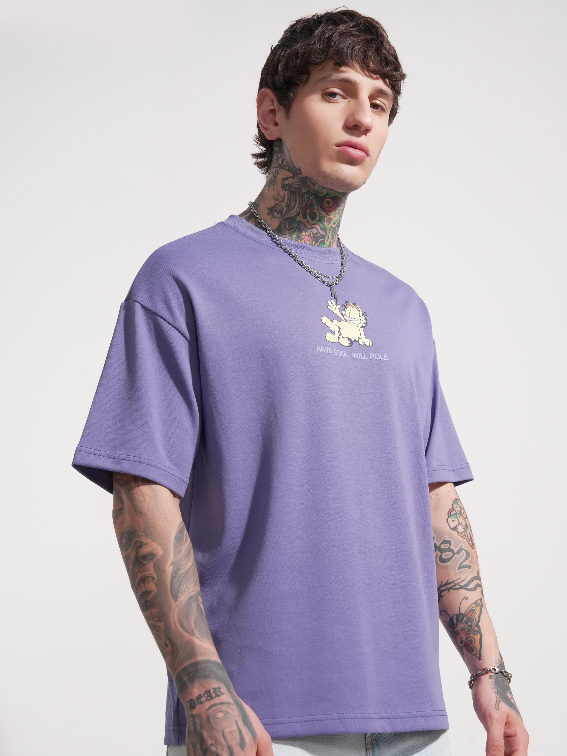 Highlander Men Purple Garfield Printed Round Neck Oversized Fit T-Shirt - Purple - Image 6