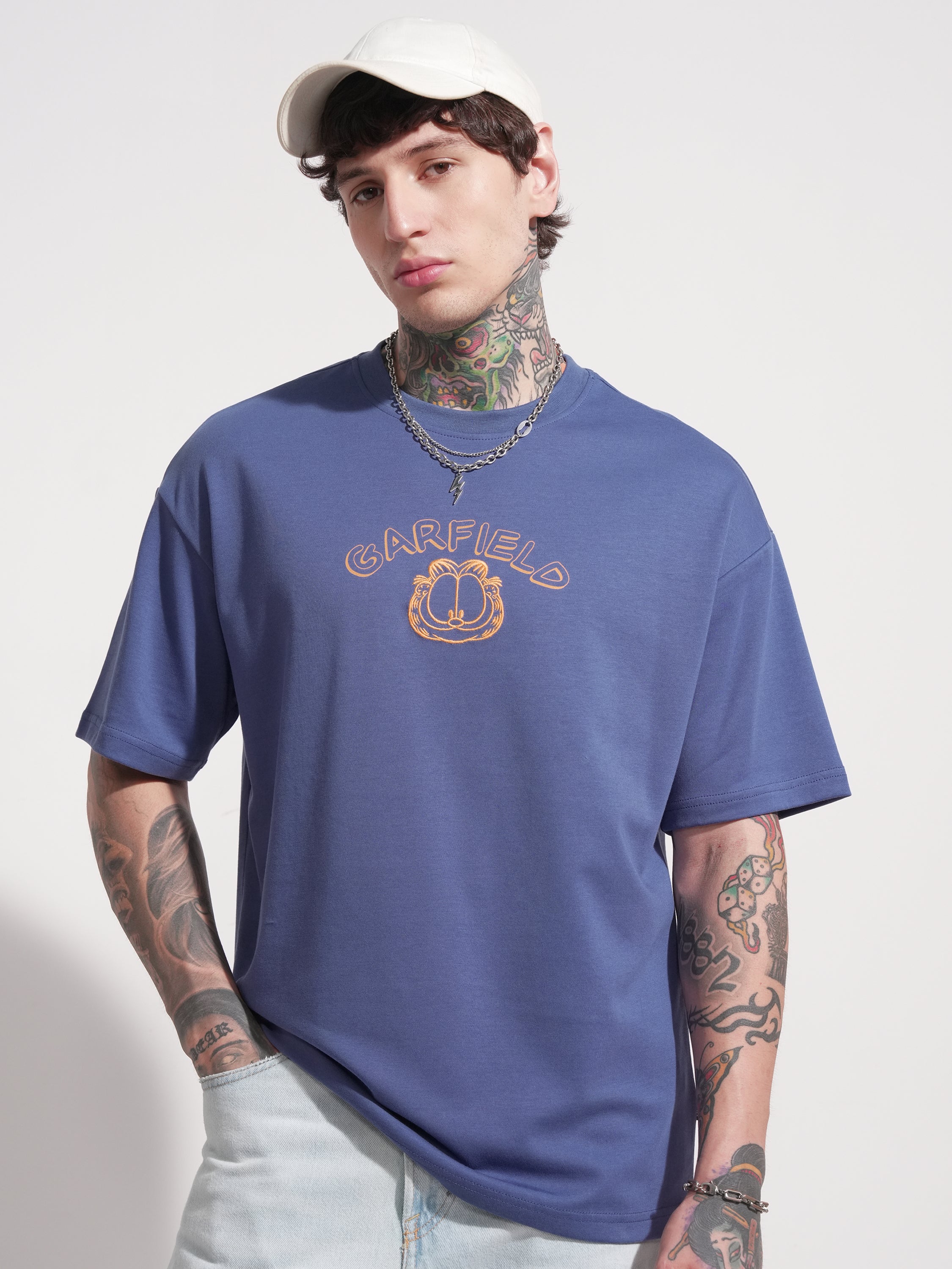 Highlander Men Blue Garfield Printed Round Neck Oversized Fit T-Shirt - Blue - Image 3