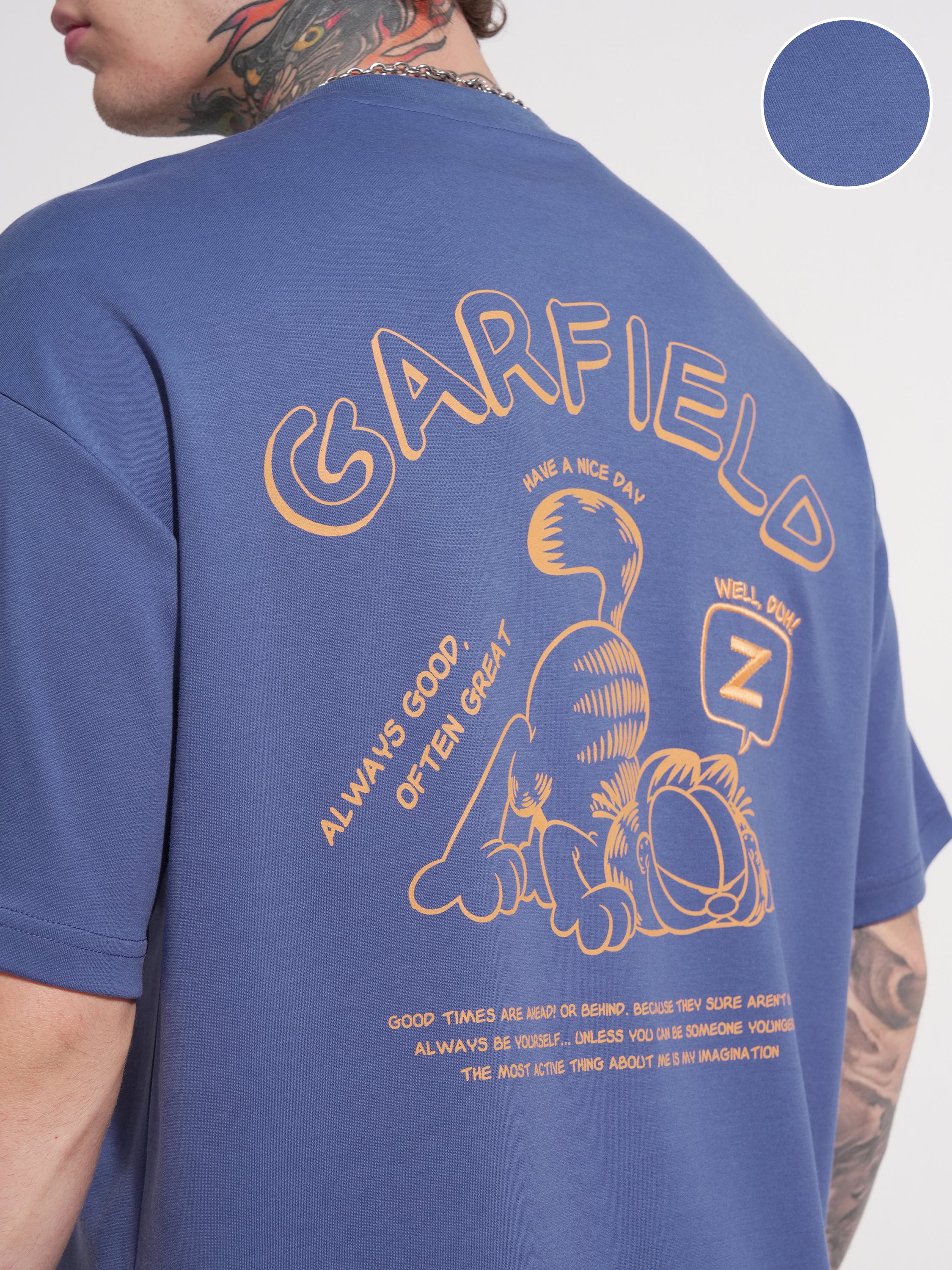 Highlander Men Blue Garfield Printed Round Neck Oversized Fit T-Shirt - Blue - Image 5