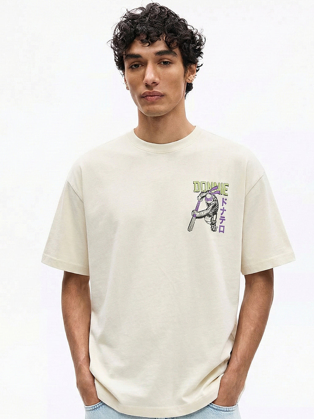 Highlander Men Cream Ninja Turtles Printed Round Neck Oversized Fit T-Shirt - Cream - Image 5