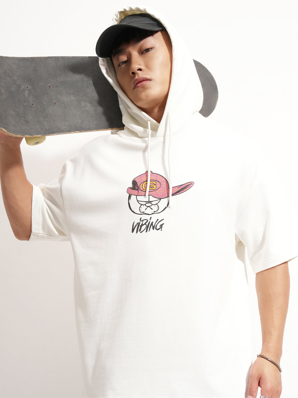 Highlander Men White Garfield Printed Hood Oversized Fit T-Shirt - White - Image 1