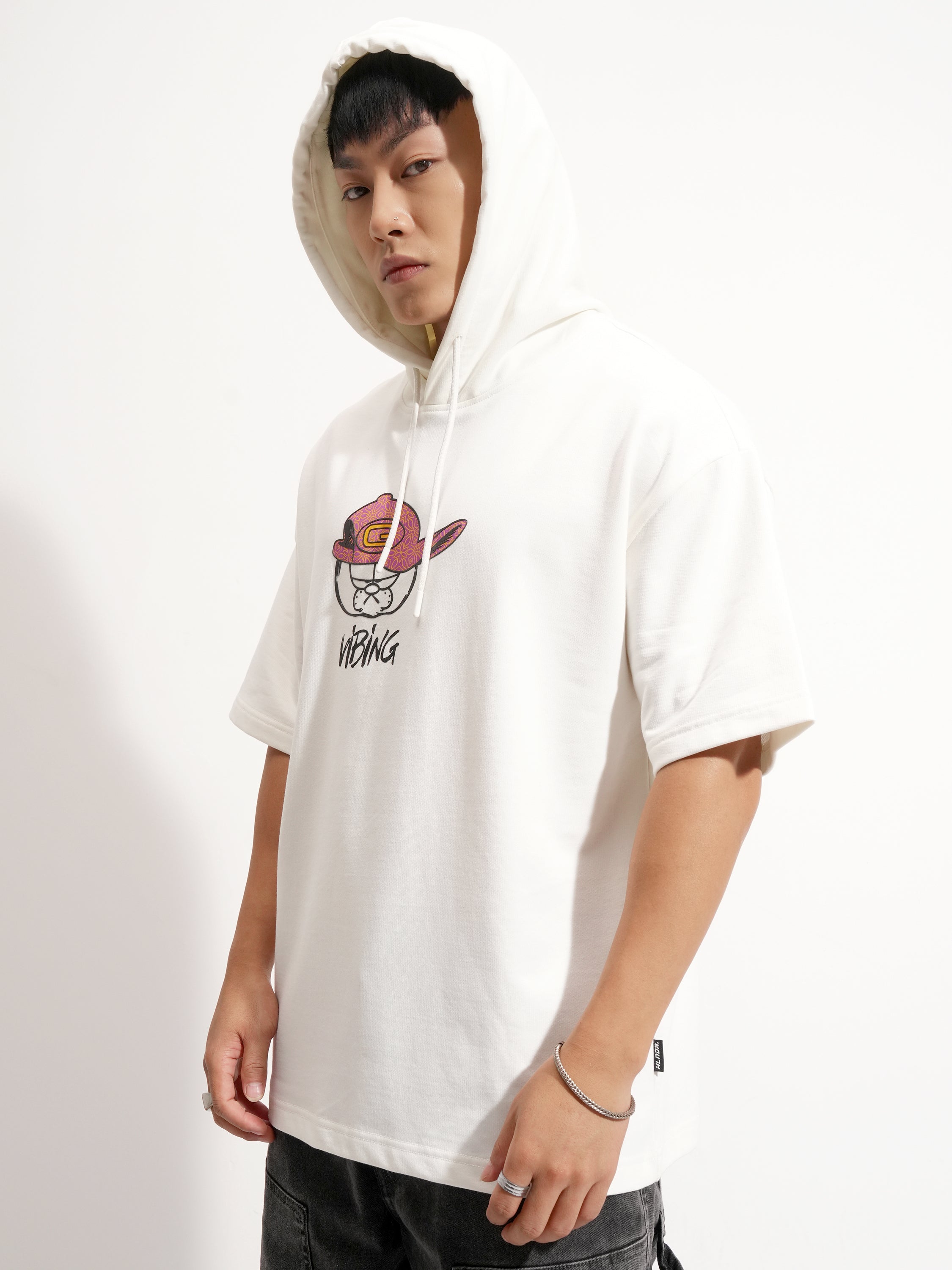 Highlander Men White Garfield Printed Hood Oversized Fit T-Shirt - White - Image 4