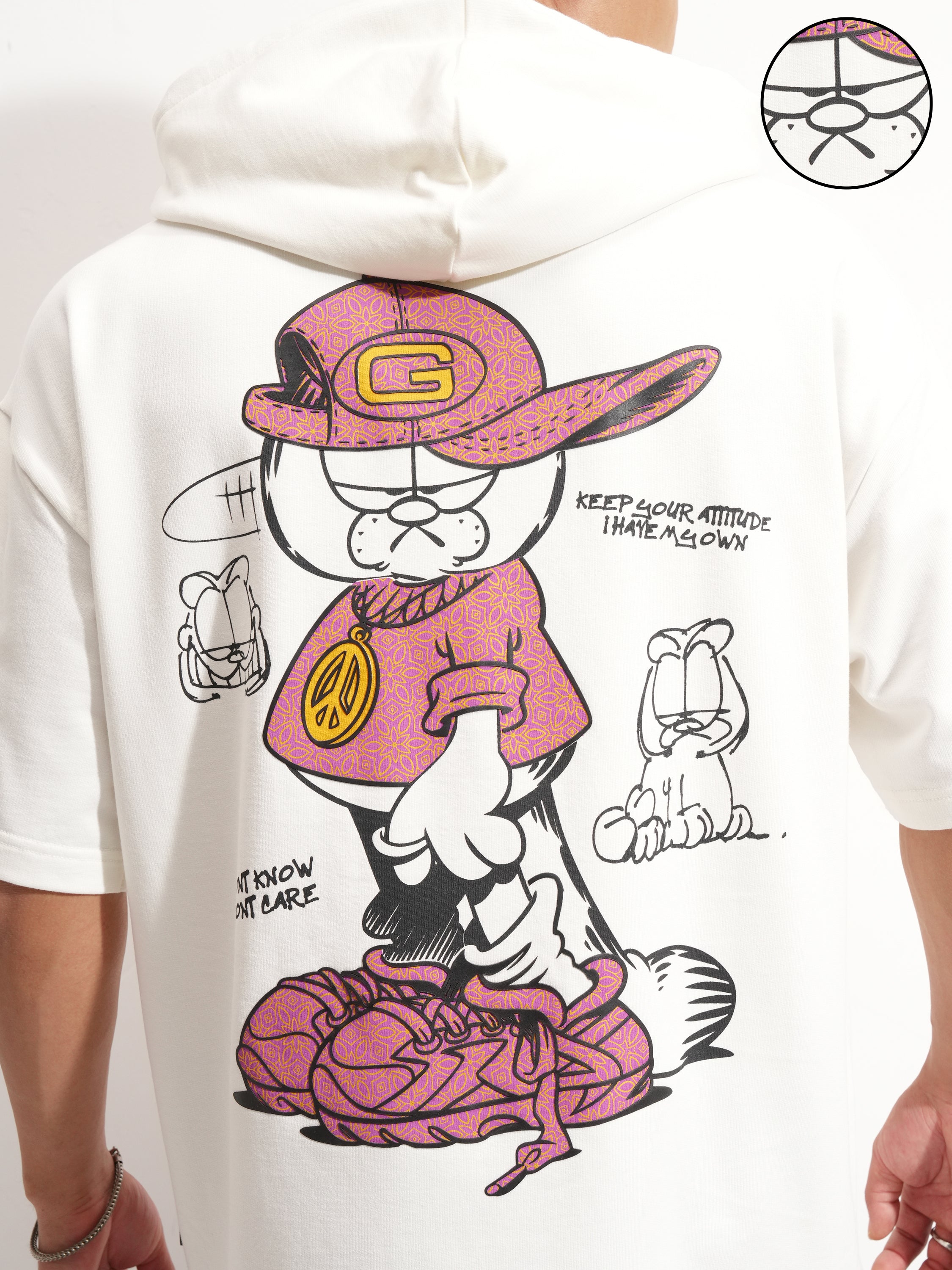 Highlander Men White Garfield Printed Hood Oversized Fit T-Shirt - White - Image 5