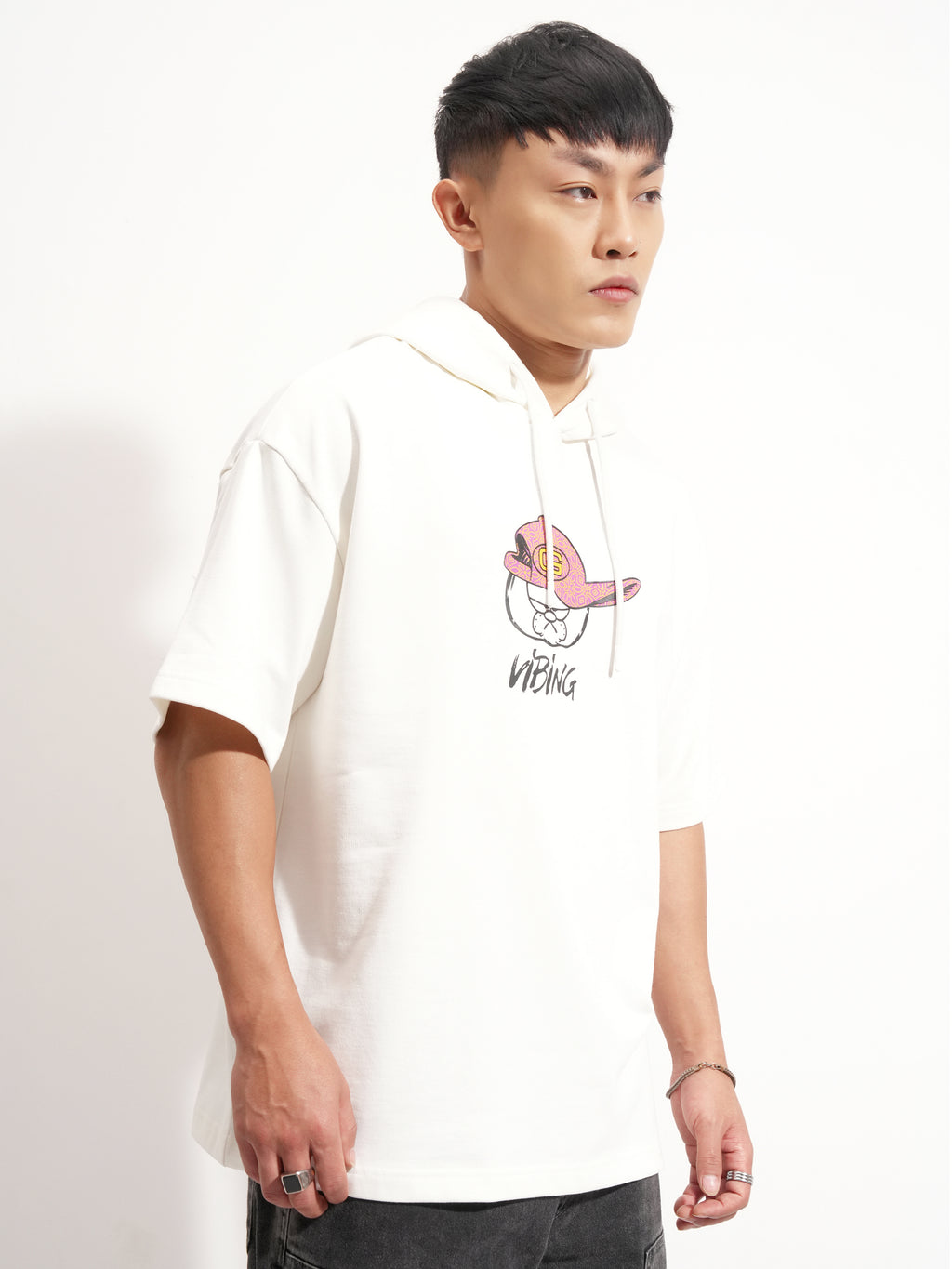 Highlander Men White Garfield Printed Hood Oversized Fit T-Shirt - White - Image 6