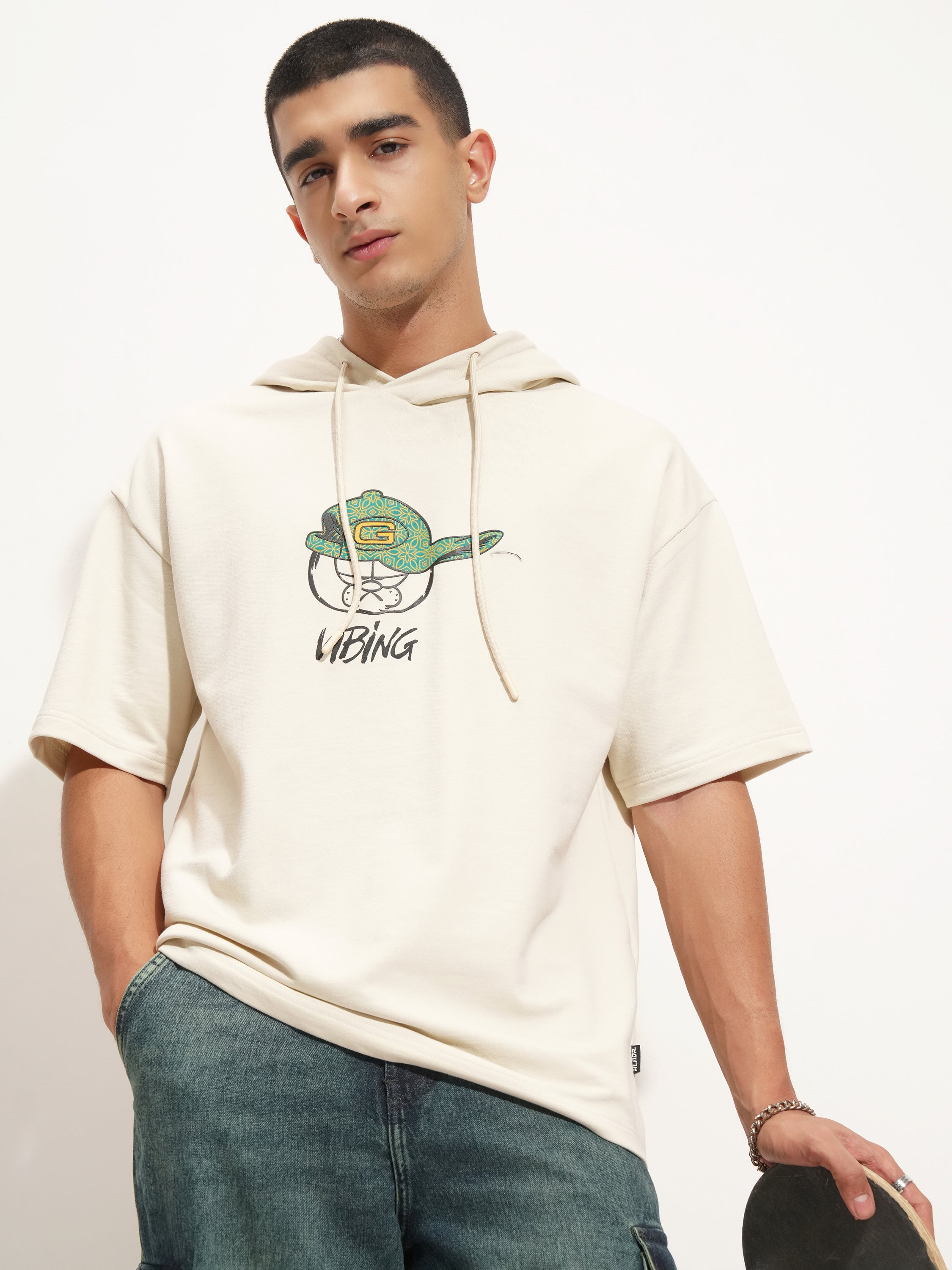 Highlander Men Cream Garfield Printed Hood Oversized Fit T-Shirt - Cream - Image 3