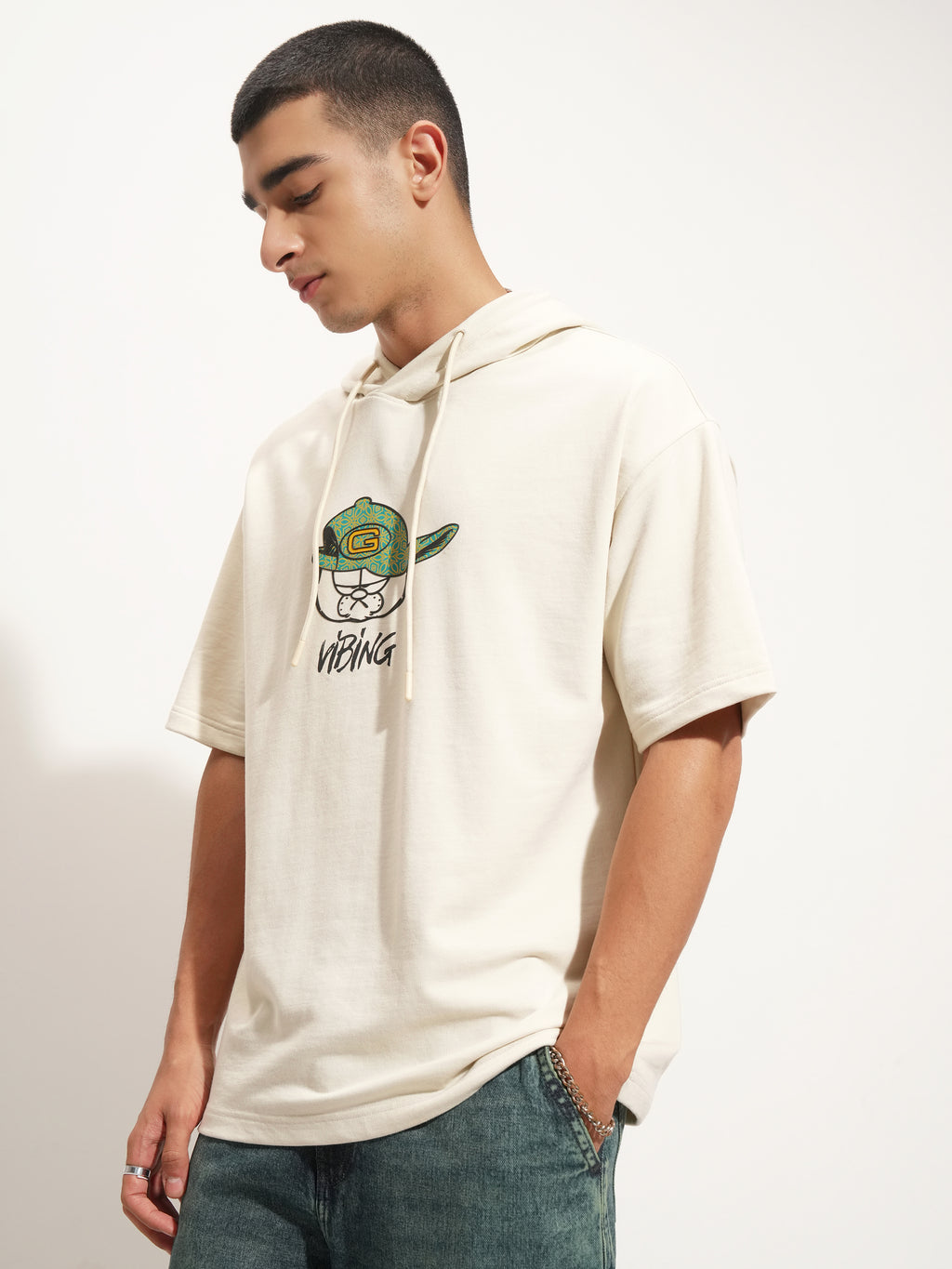 Highlander Men Cream Garfield Printed Hood Oversized Fit T-Shirt - Cream - Image 4