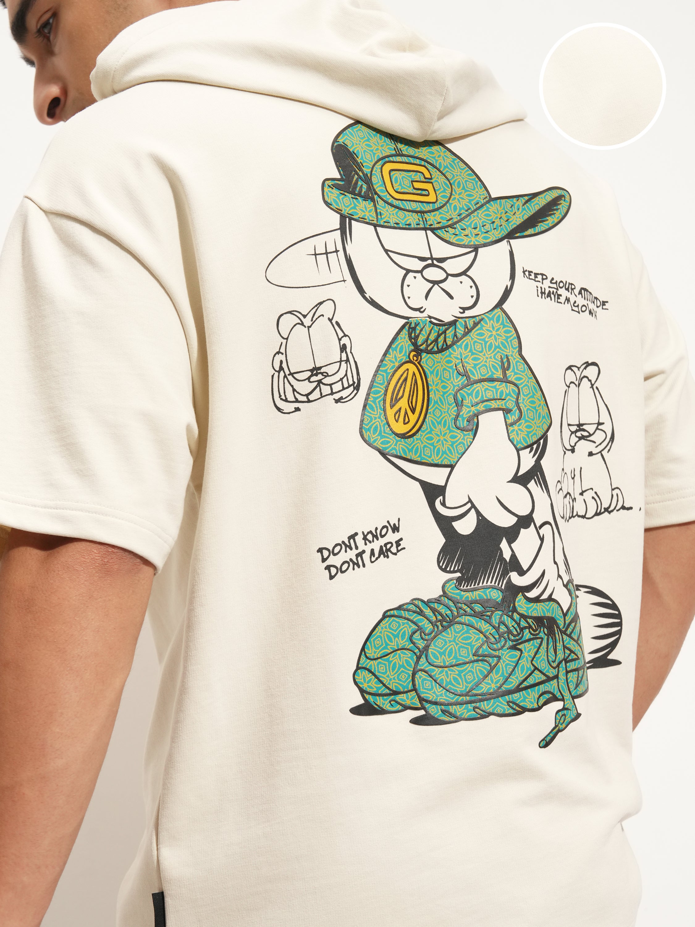 Highlander Men Cream Garfield Printed Hood Oversized Fit T-Shirt - Cream - Image 5