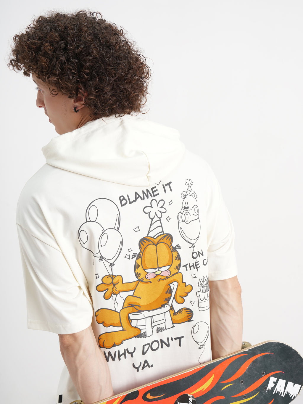 Highlander Men Cream Garfield Printed Hood Oversized Fit T-Shirt - Cream - Image 1