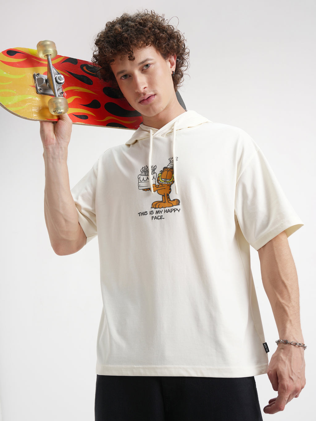 Highlander Men Cream Garfield Printed Hood Oversized Fit T-Shirt - Cream - Image 3