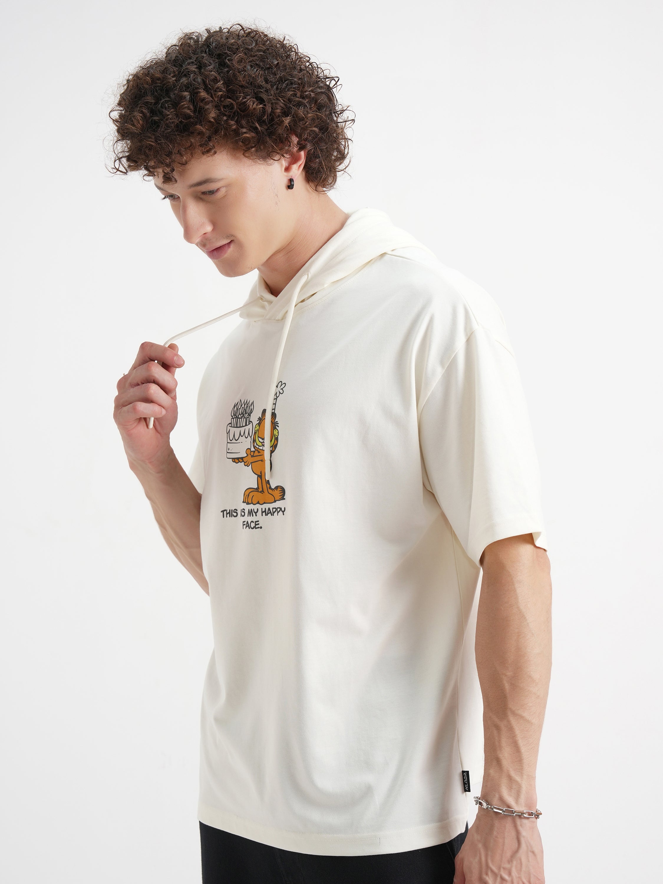 Highlander Men Cream Garfield Printed Hood Oversized Fit T-Shirt - Cream - Image 4