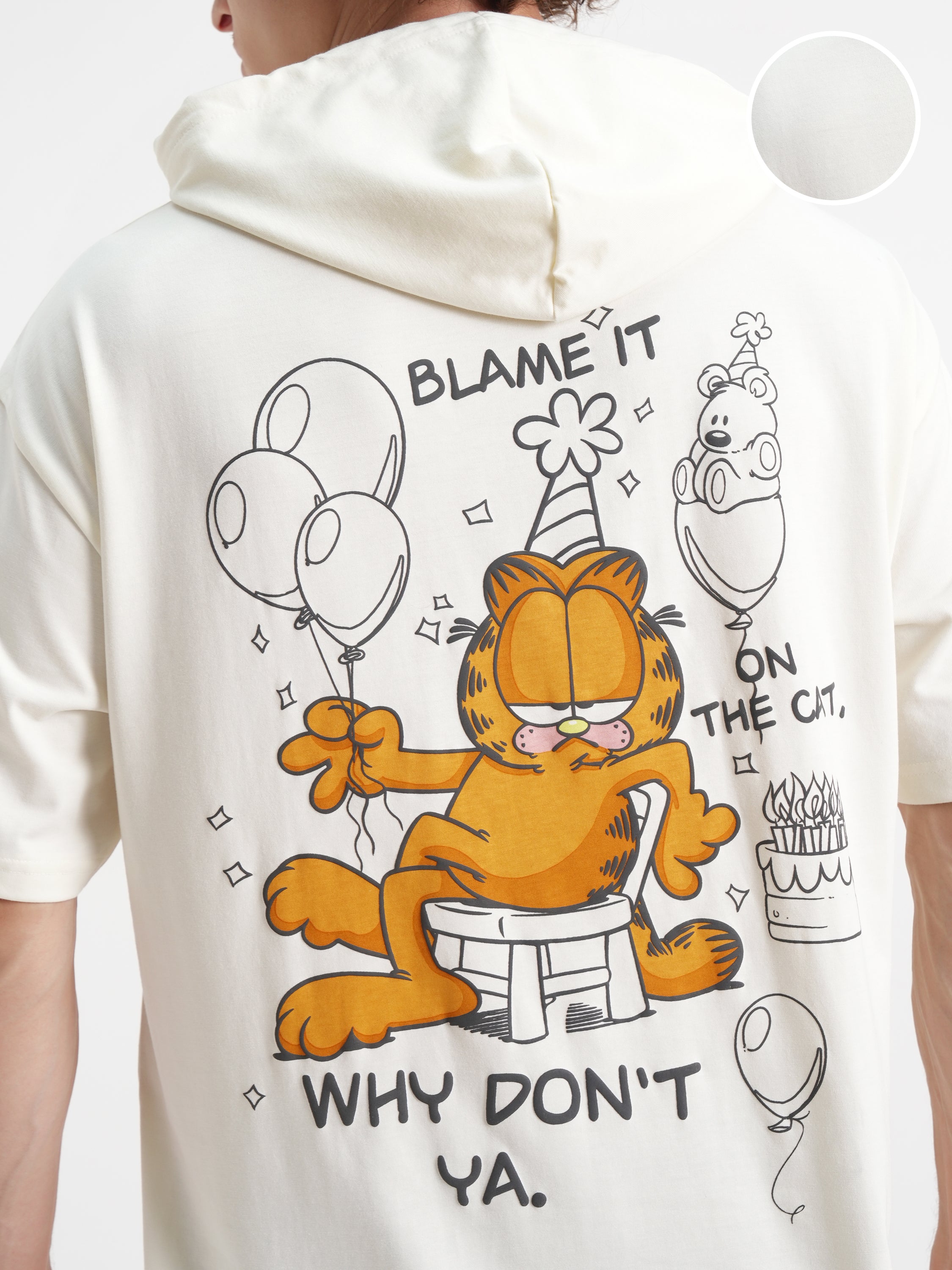 Highlander Men Cream Garfield Printed Hood Oversized Fit T-Shirt - Cream - Image 5