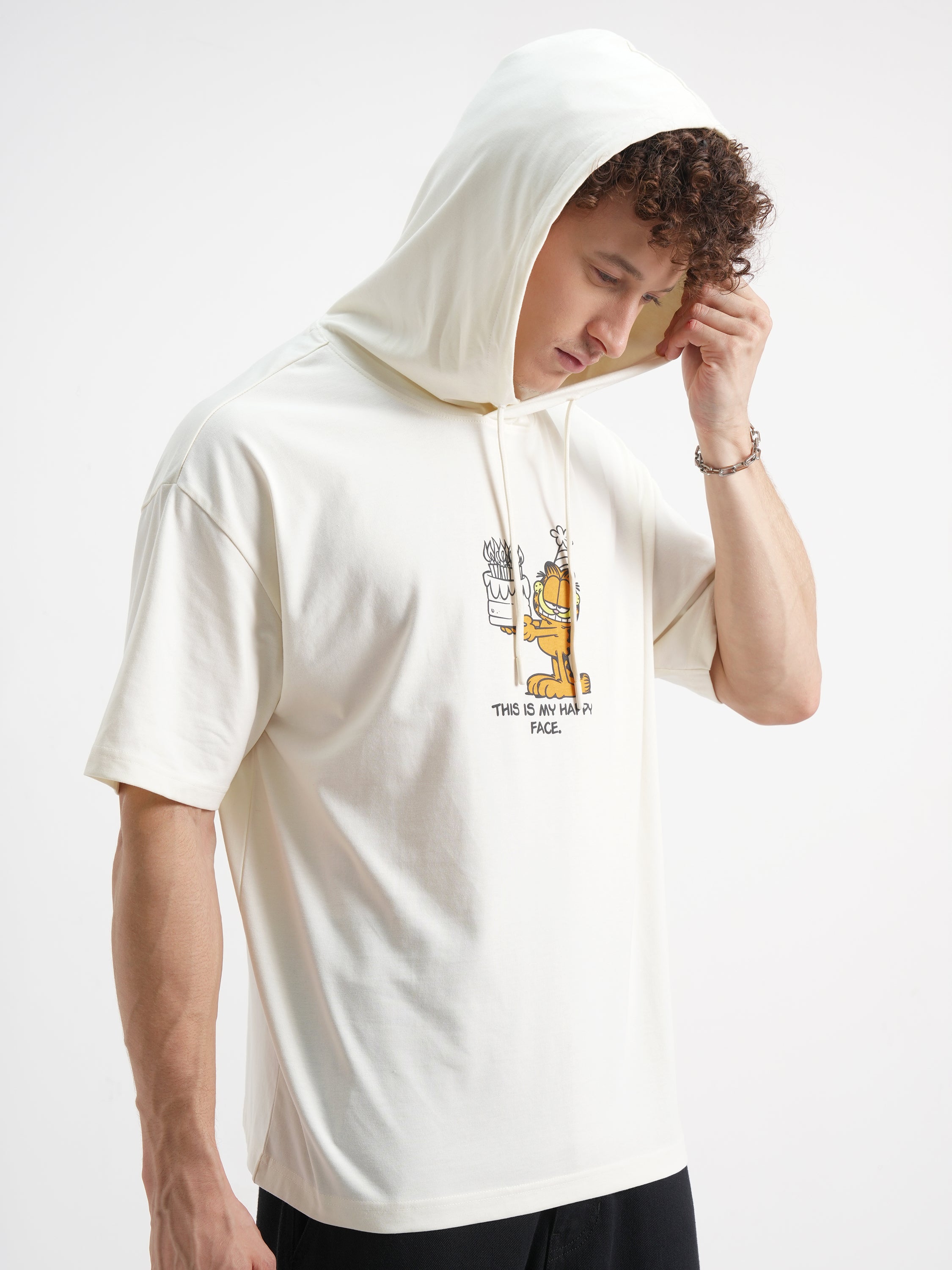 Highlander Men Cream Garfield Printed Hood Oversized Fit T-Shirt - Cream - Image 6