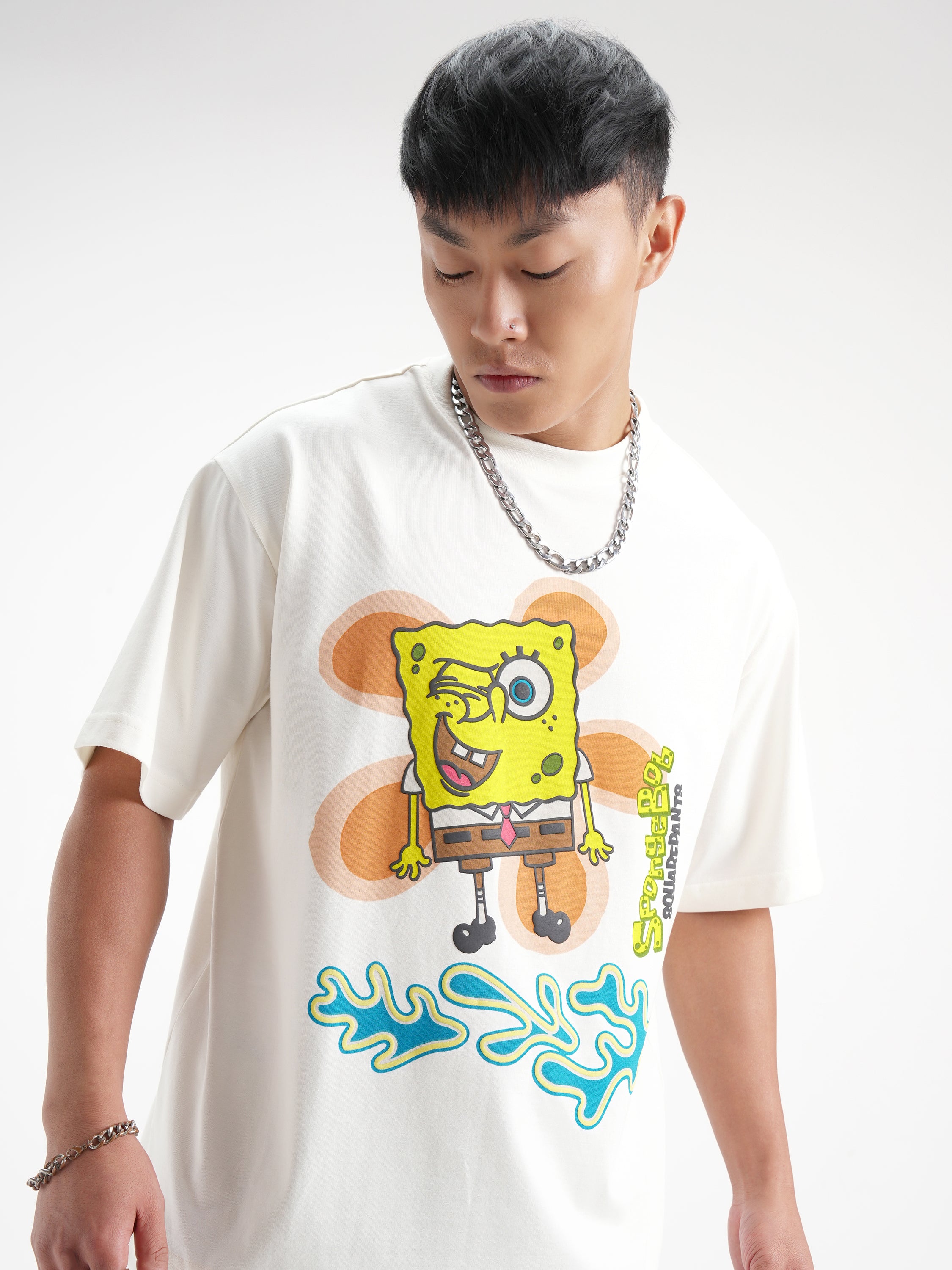 Highlander Men White Spongebob Squarepants Printed Round Neck Oversized Fit T-Shirt - White - Image 1