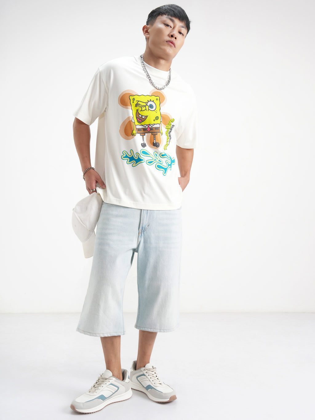 Highlander Men White Spongebob Squarepants Printed Round Neck Oversized Fit T-Shirt - White - Image 2
