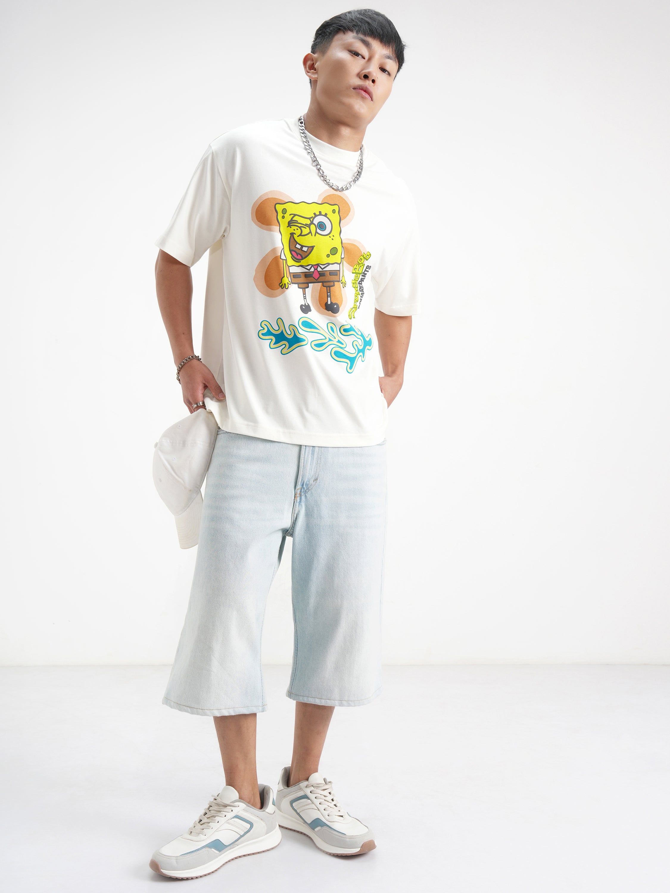 Highlander Men White Spongebob Squarepants Printed Round Neck Oversized Fit T-Shirt - White - Image 2