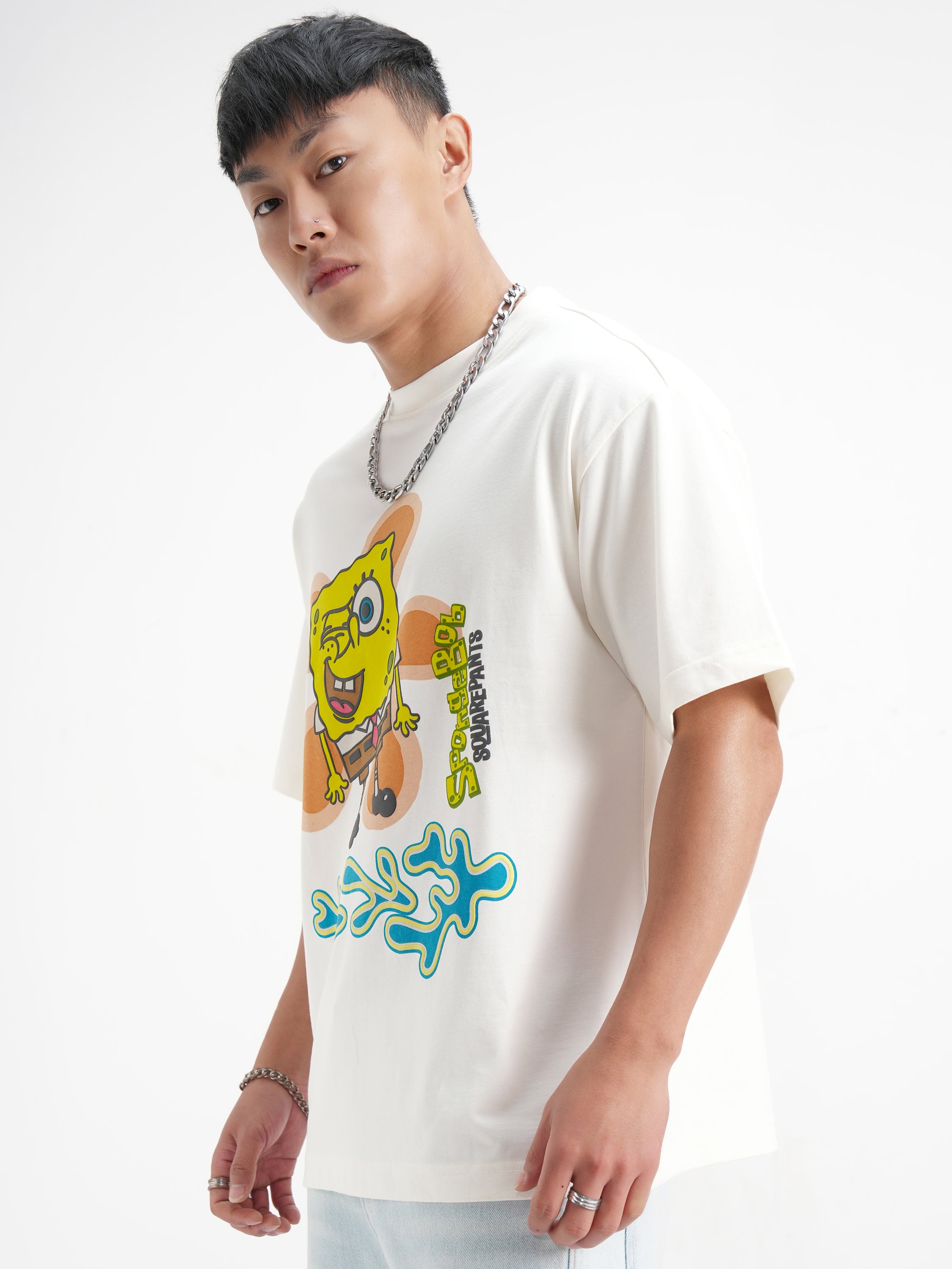 Highlander Men White Spongebob Squarepants Printed Round Neck Oversized Fit T-Shirt - White - Image 4