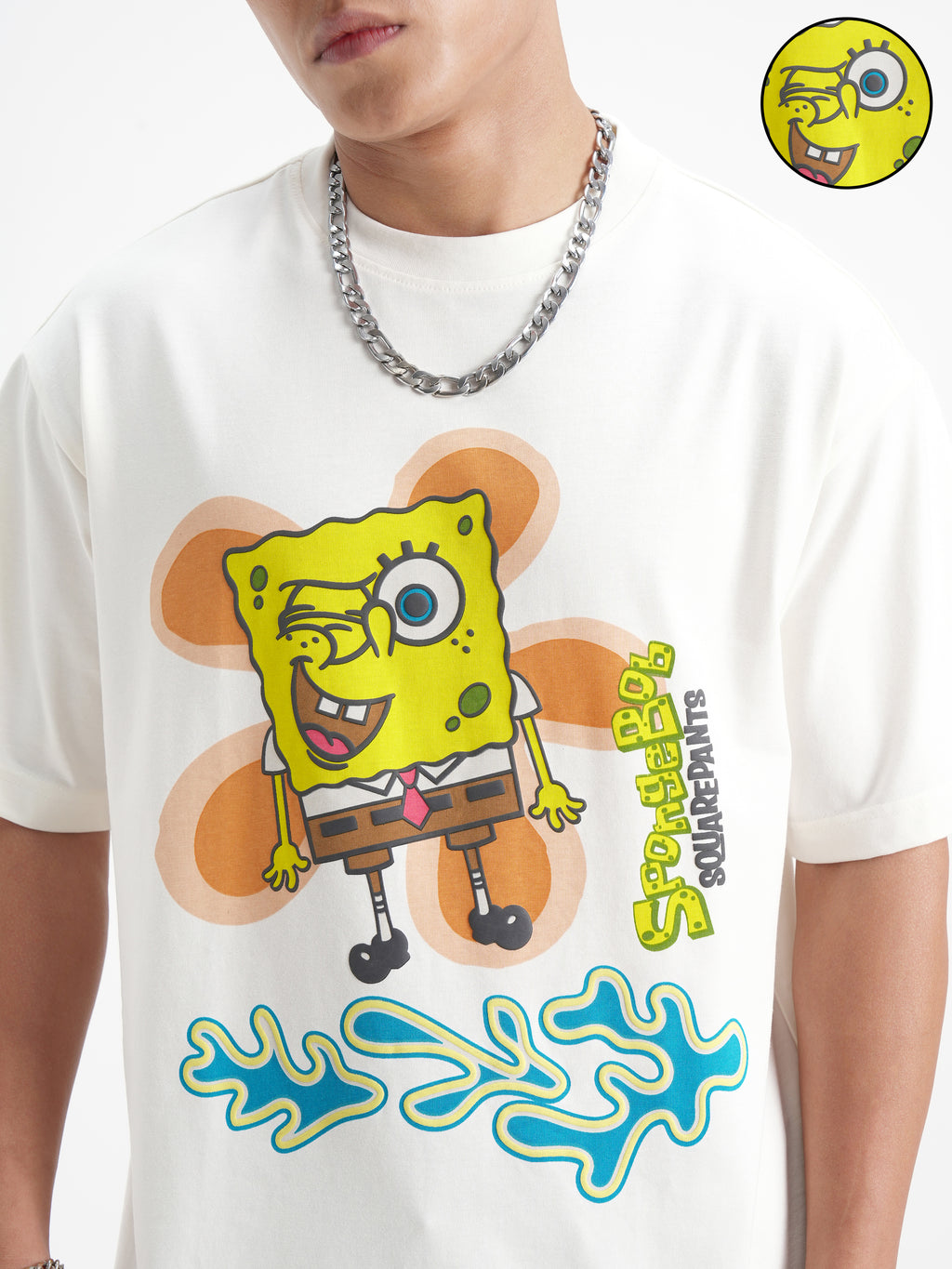 Highlander Men White Spongebob Squarepants Printed Round Neck Oversized Fit T-Shirt - White - Image 5