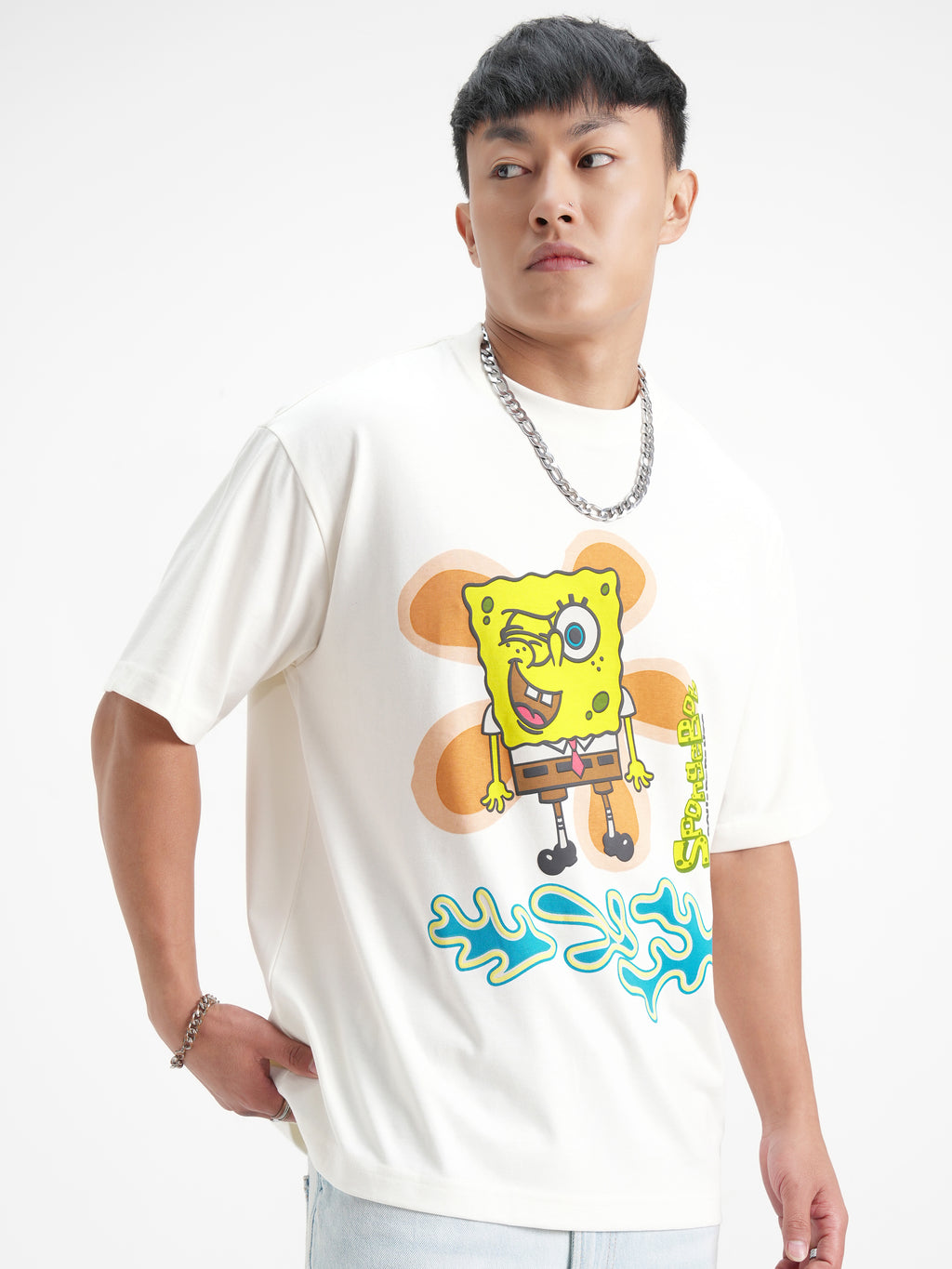 Highlander Men White Spongebob Squarepants Printed Round Neck Oversized Fit T-Shirt - White - Image 6