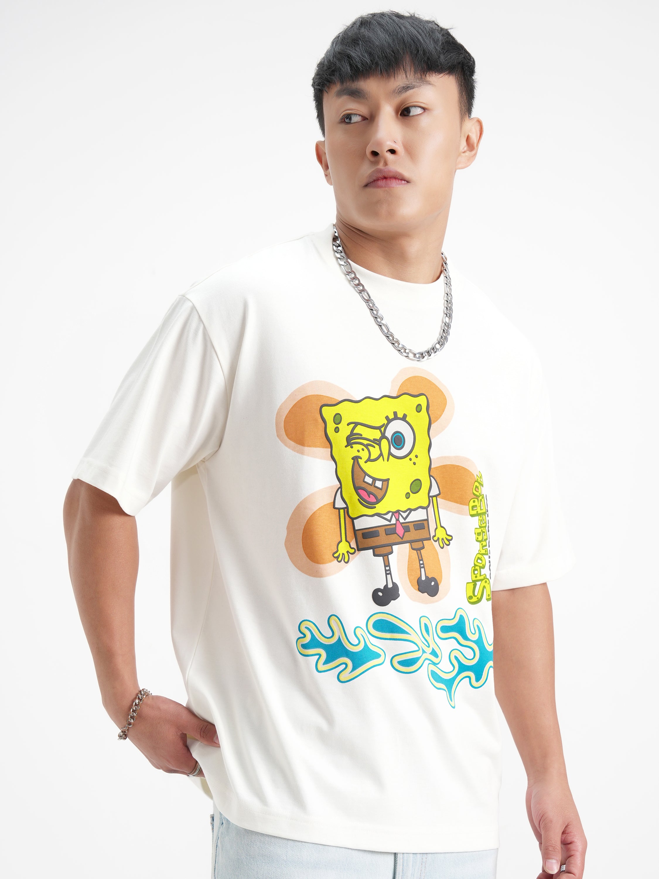 Highlander Men White Spongebob Squarepants Printed Round Neck Oversized Fit T-Shirt - White - Image 6