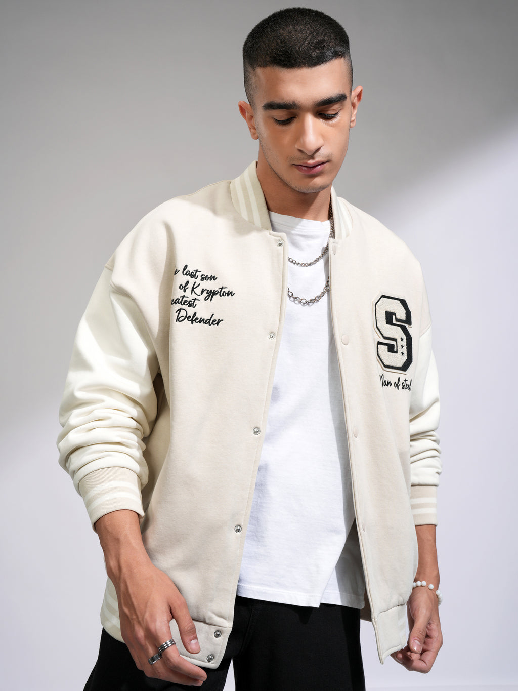 DC By Highlander Men Beige Superman Printed Varsity Jacket - Beige - Image 3