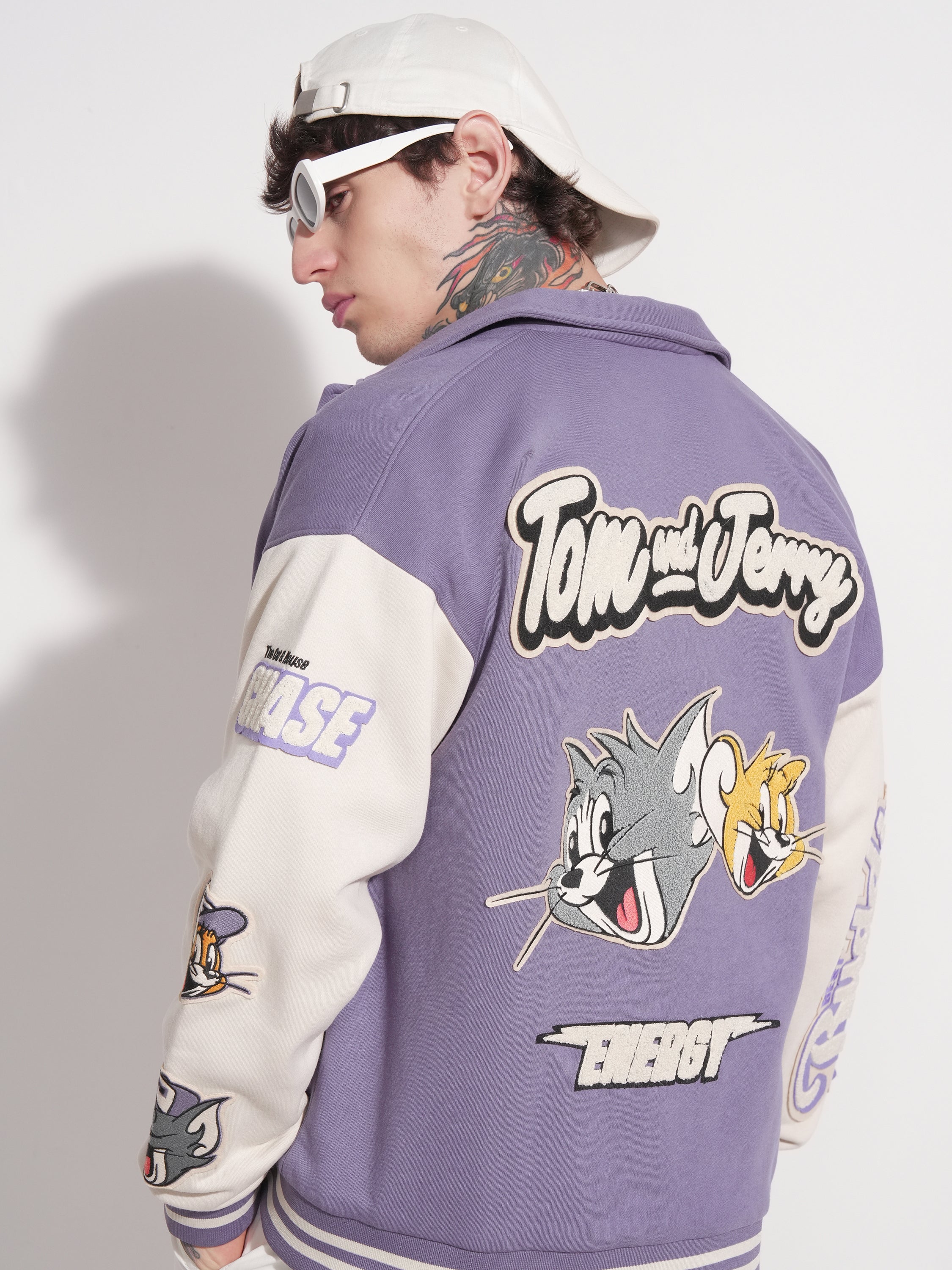 WB By Highlander Men Purple Tom And Jerry Printed Varsity Jacket - Purple - Image 1