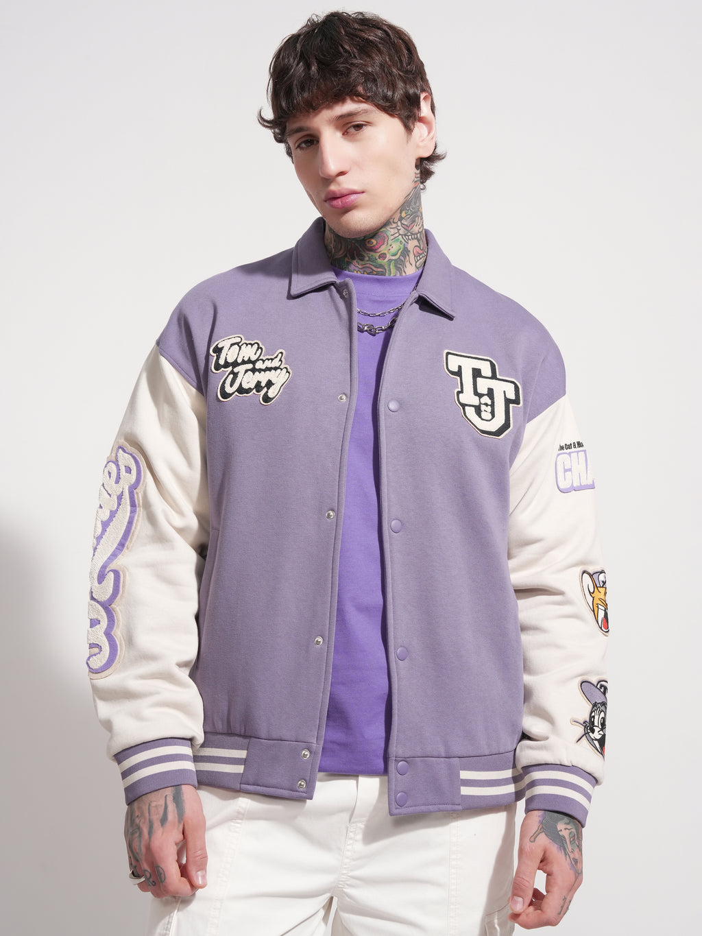 WB By Highlander Men Purple Tom And Jerry Printed Varsity Jacket - Purple - Image 3