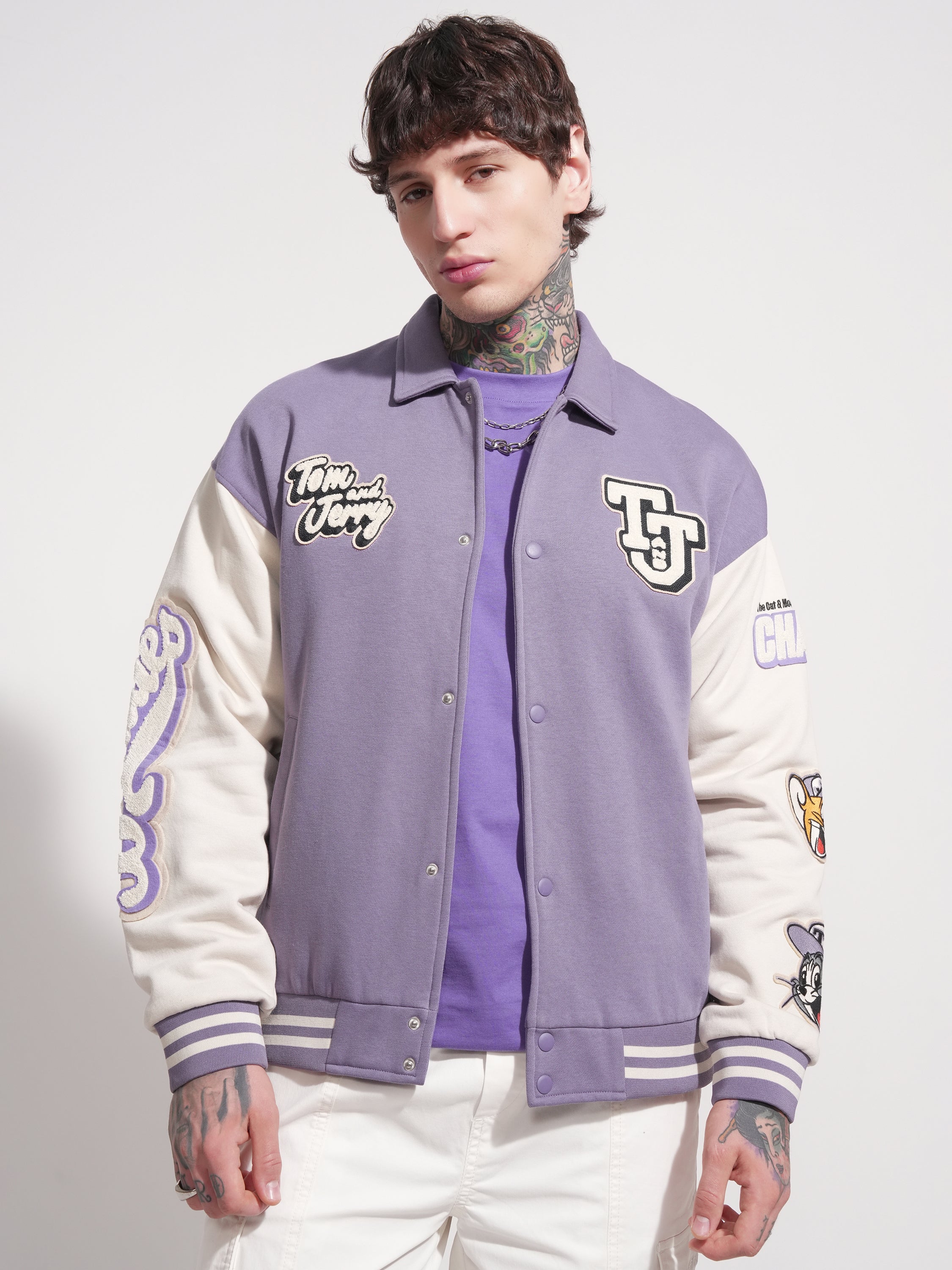 WB By Highlander Men Purple Tom And Jerry Printed Varsity Jacket - Purple - Image 3