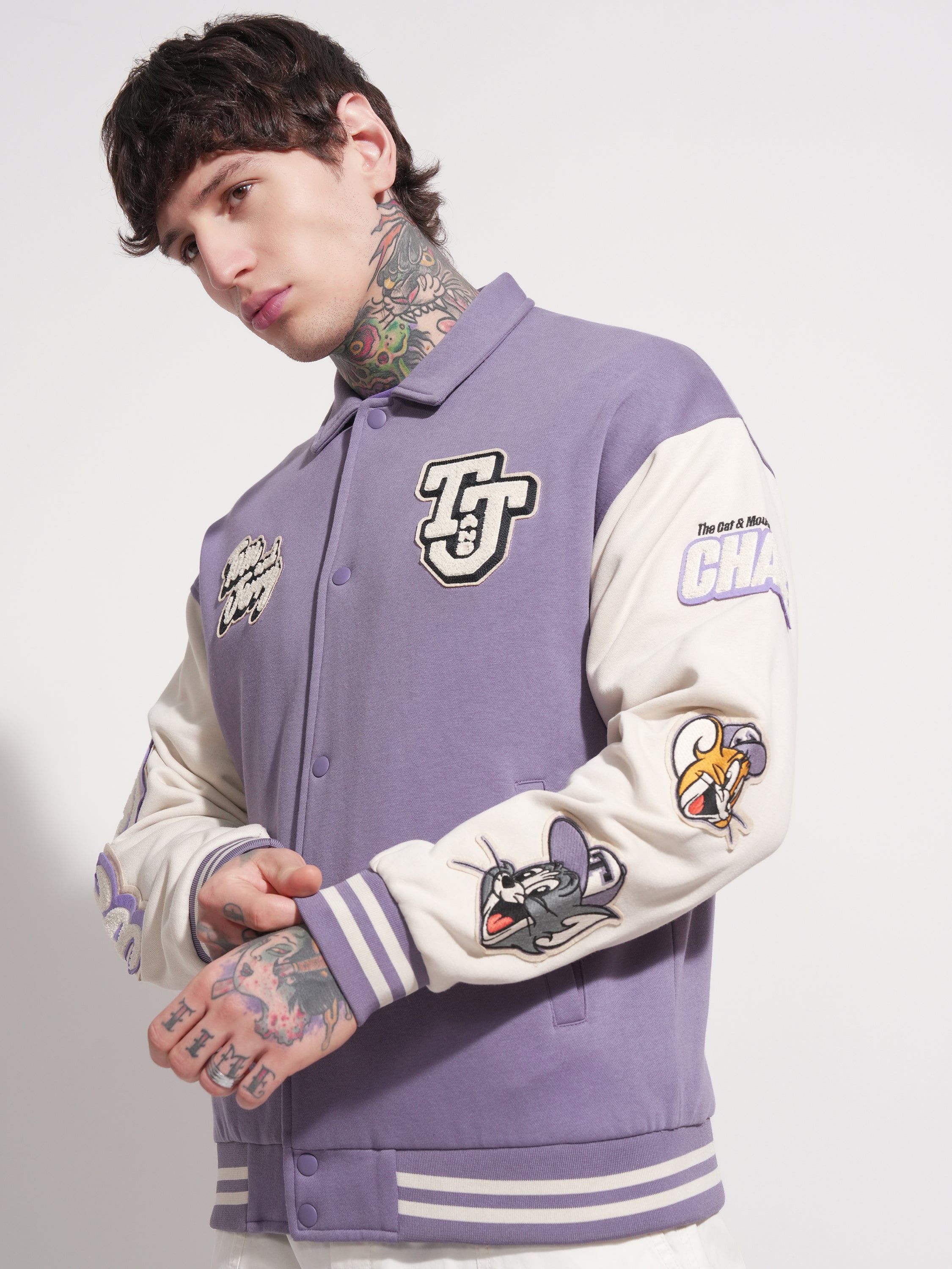 WB By Highlander Men Purple Tom And Jerry Printed Varsity Jacket - Purple - Image 4