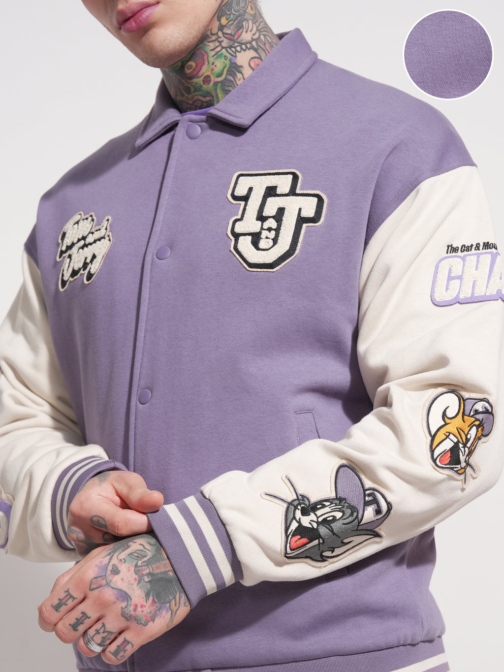 WB By Highlander Men Purple Tom And Jerry Printed Varsity Jacket - Purple - Image 5