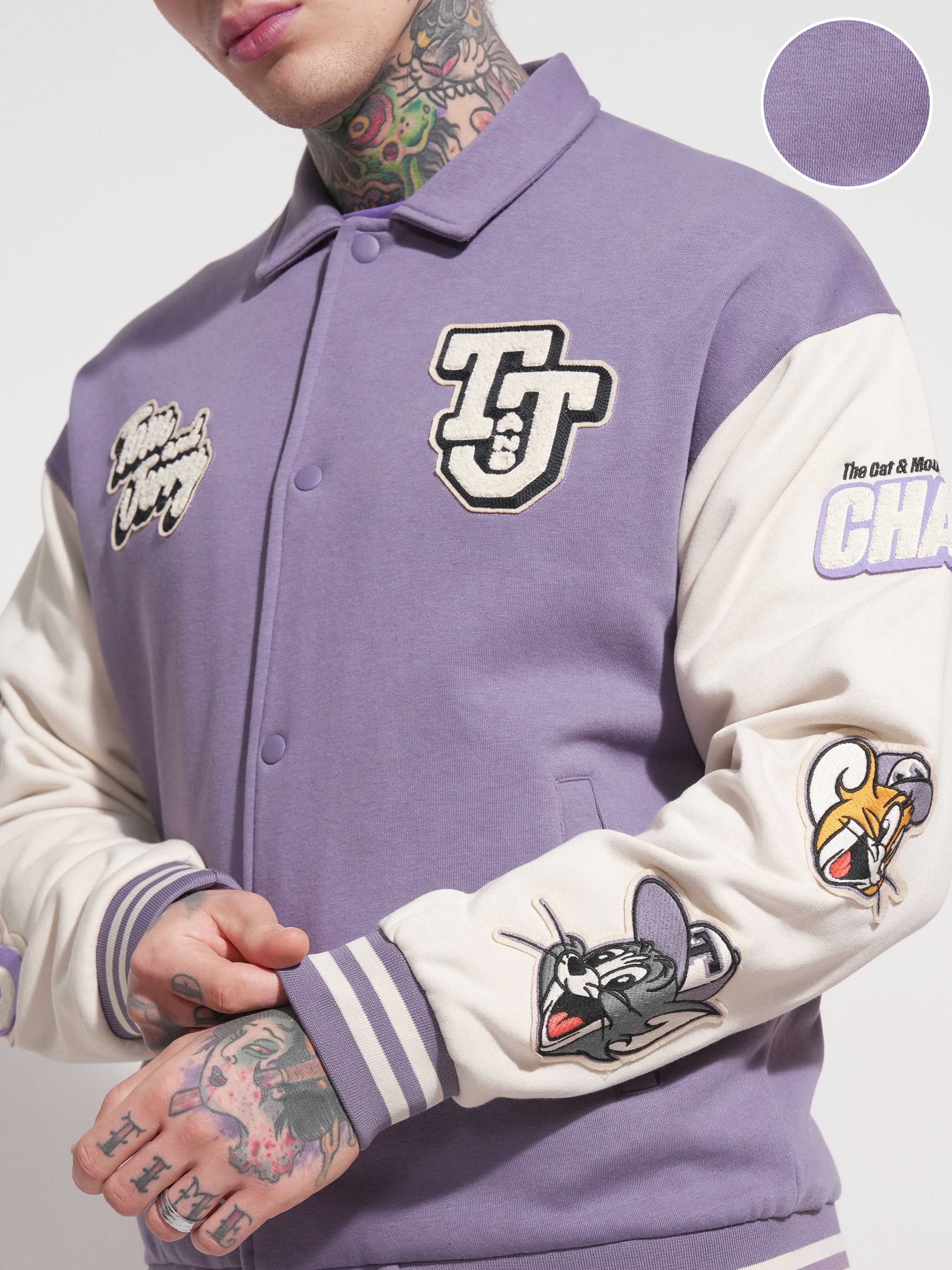 WB By Highlander Men Purple Tom And Jerry Printed Varsity Jacket - Purple - Image 5