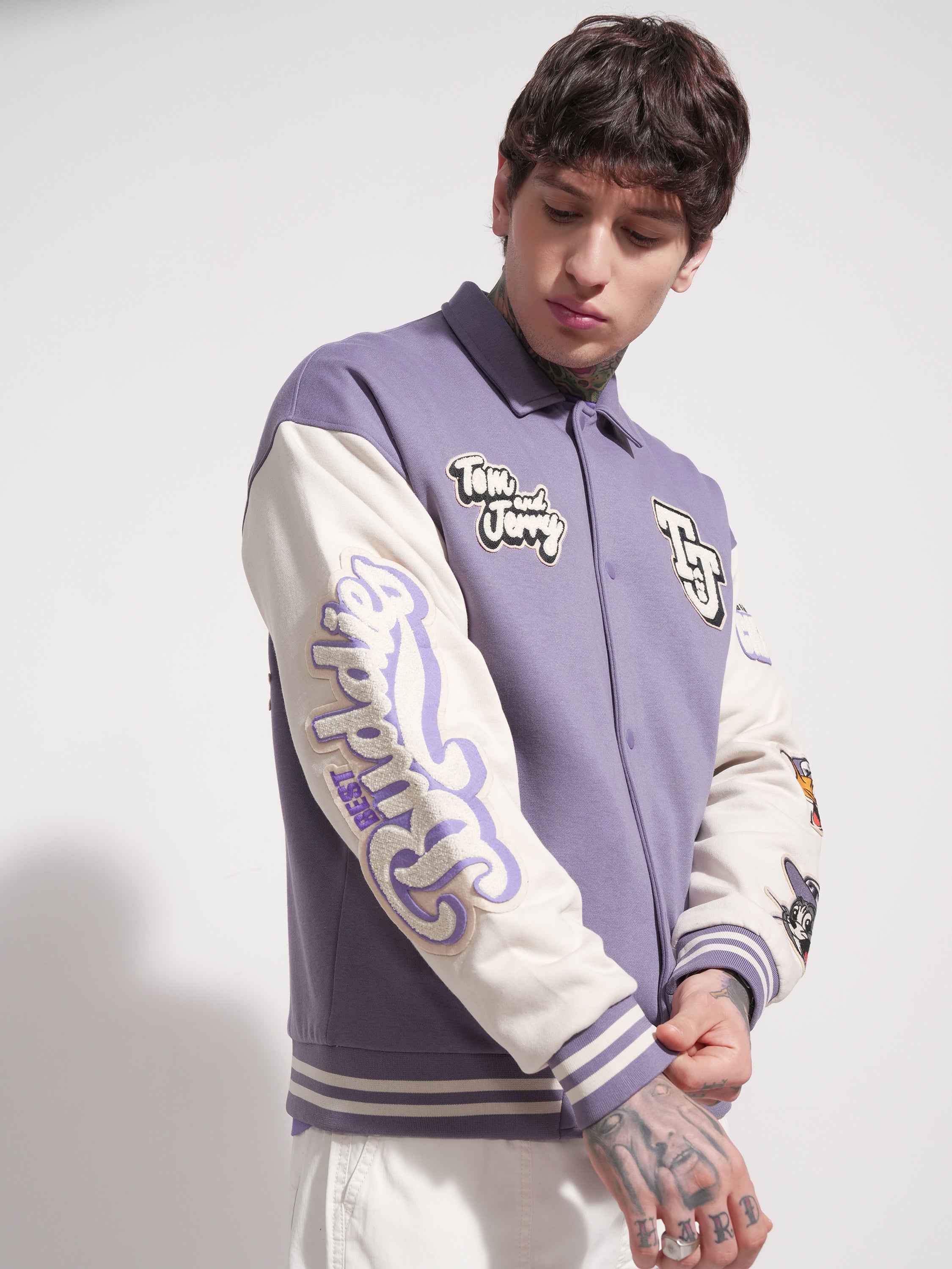 WB By Highlander Men Purple Tom And Jerry Printed Varsity Jacket - Purple - Image 6