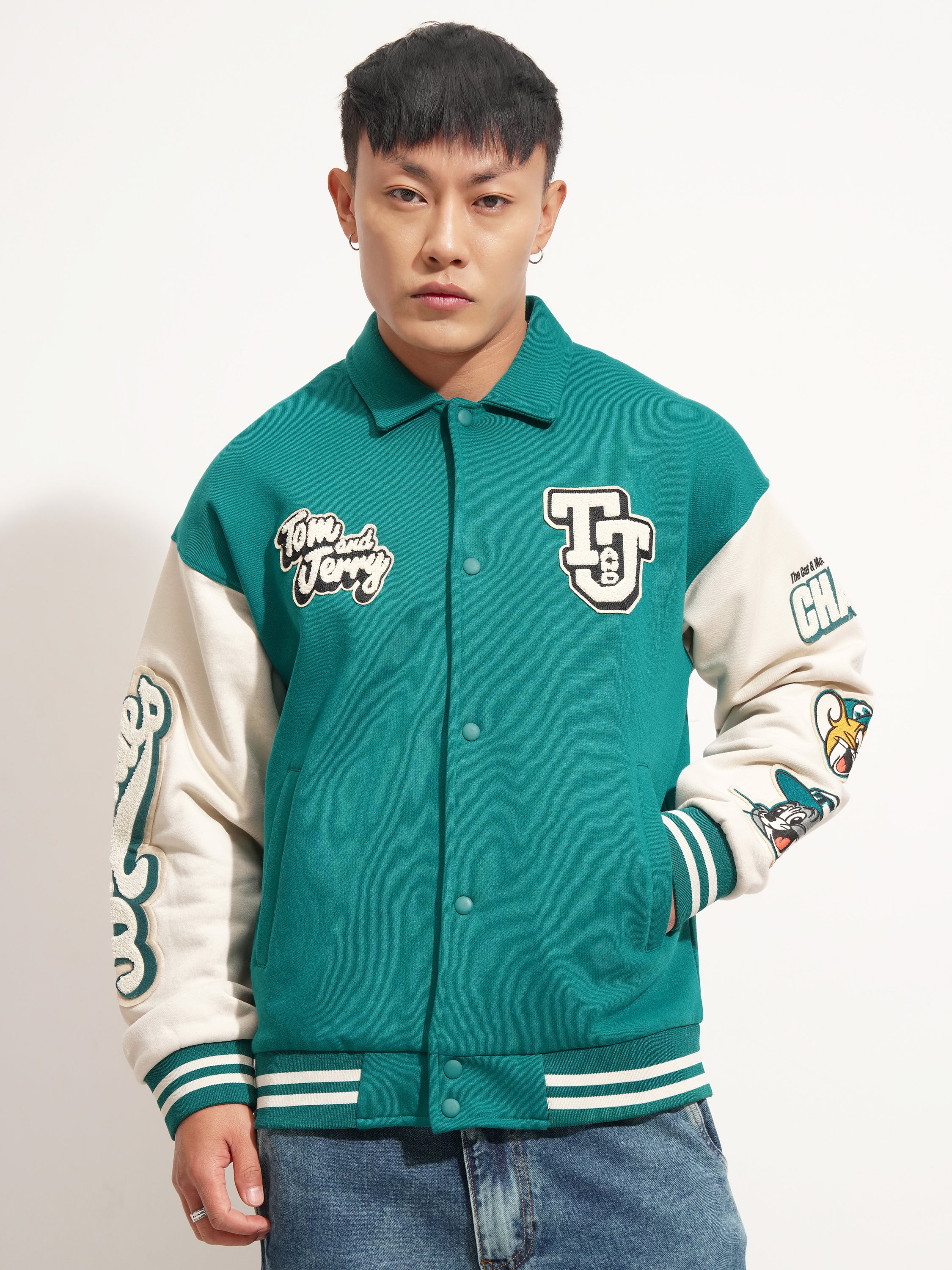 WB By Highlander Men Green Tom & Jerry Printed Varsity Jacket - Green - Image 3