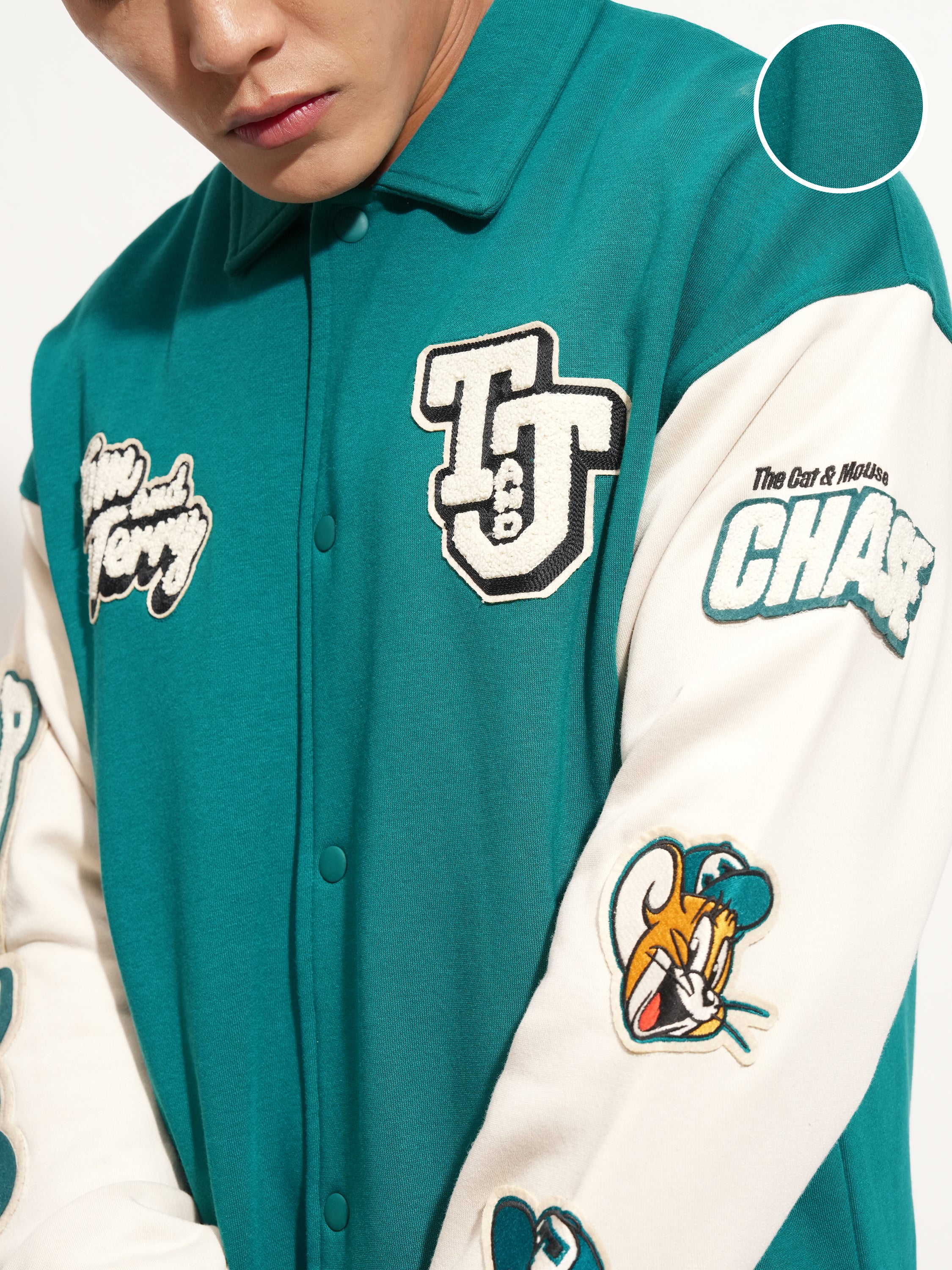 WB By Highlander Men Green Tom & Jerry Printed Varsity Jacket - Green - Image 5