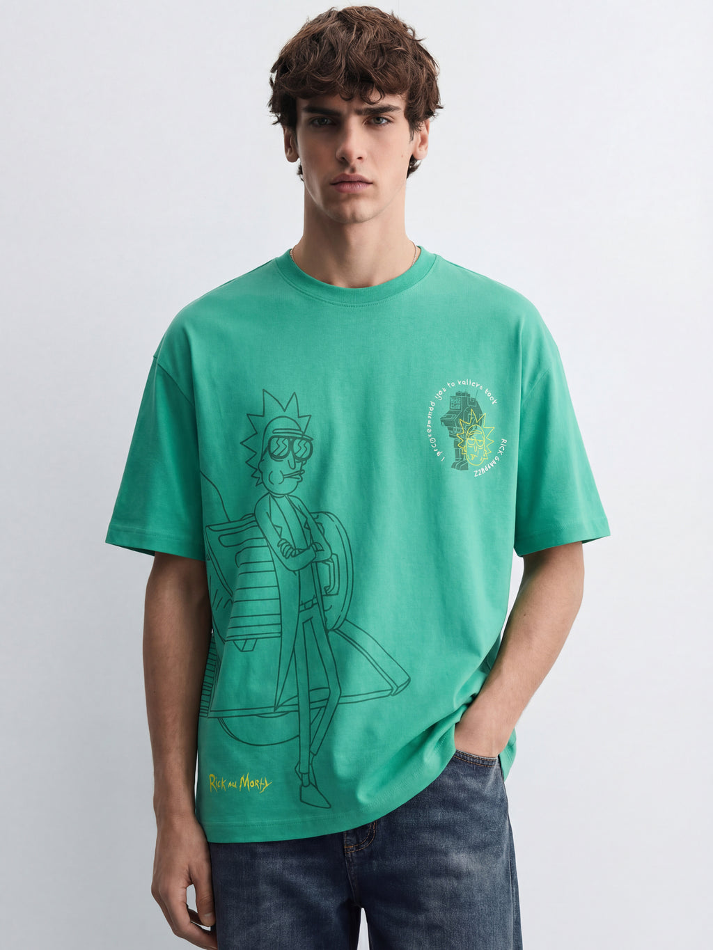 WB By Highlander Men Green Rick And Morty Printed Round Neck Oversized Fit T-Shirt - Green - Image 6