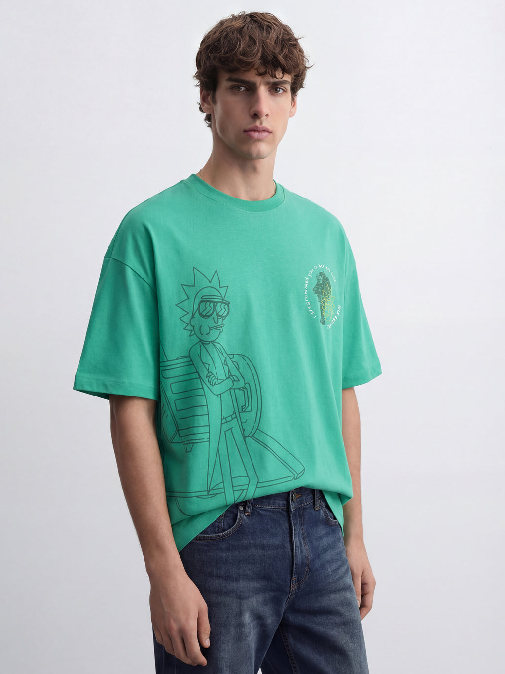 WB By Highlander Men Green Rick And Morty Printed Round Neck Oversized Fit T-Shirt - Green - Image 8