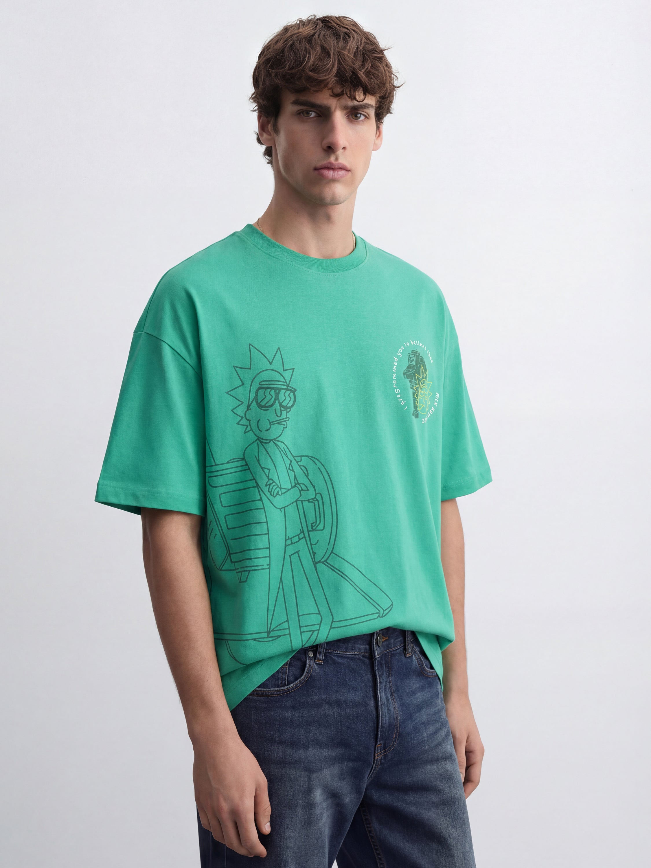 WB By Highlander Men Green Rick And Morty Printed Round Neck Oversized Fit T-Shirt - Green - Image 8