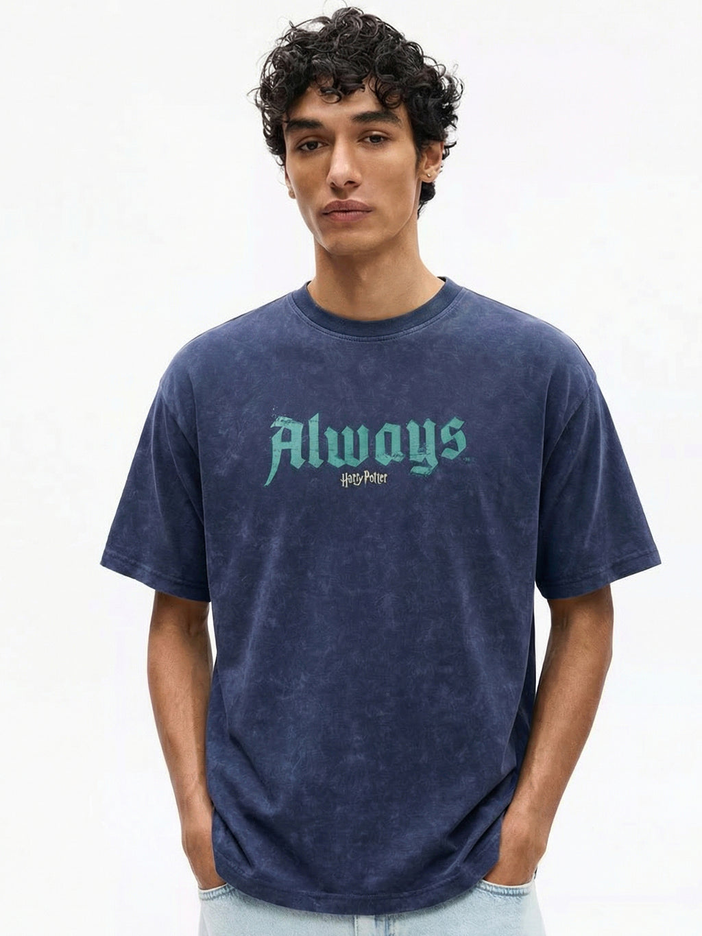 WB By Highlander Men Navy Blue Harry Potter Harry Potter Printed Round Neck Oversized Fit T-Shirt - Navy Blue - Image 4