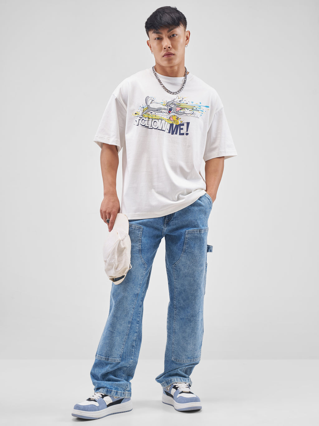 WB By Highlander Men Off White Tom And Jerry Printed Round Neck Oversized Fit T-Shirt - Off White - Image 2