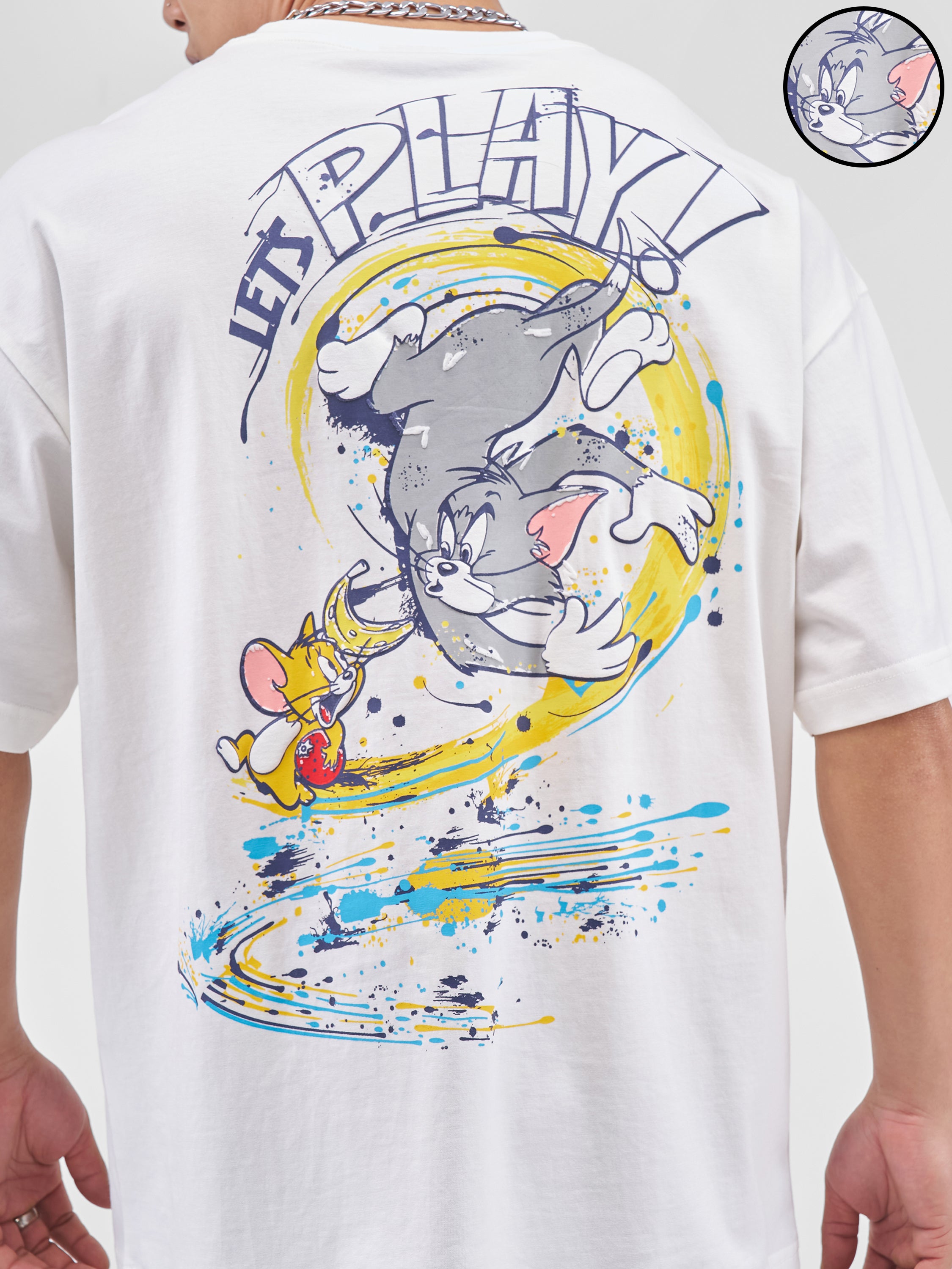 WB By Highlander Men Off White Tom And Jerry Printed Round Neck Oversized Fit T-Shirt - Off White - Image 5