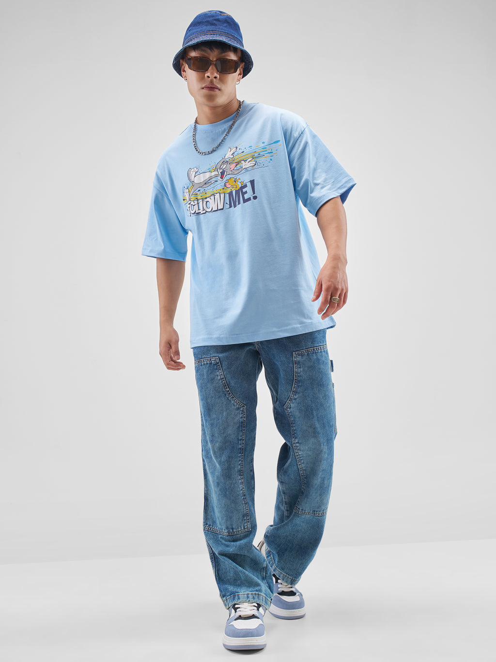 WB By Highlander Men Blue Tom And Jerry Printed Round Neck Oversized Fit T-Shirt - Blue - Image 2