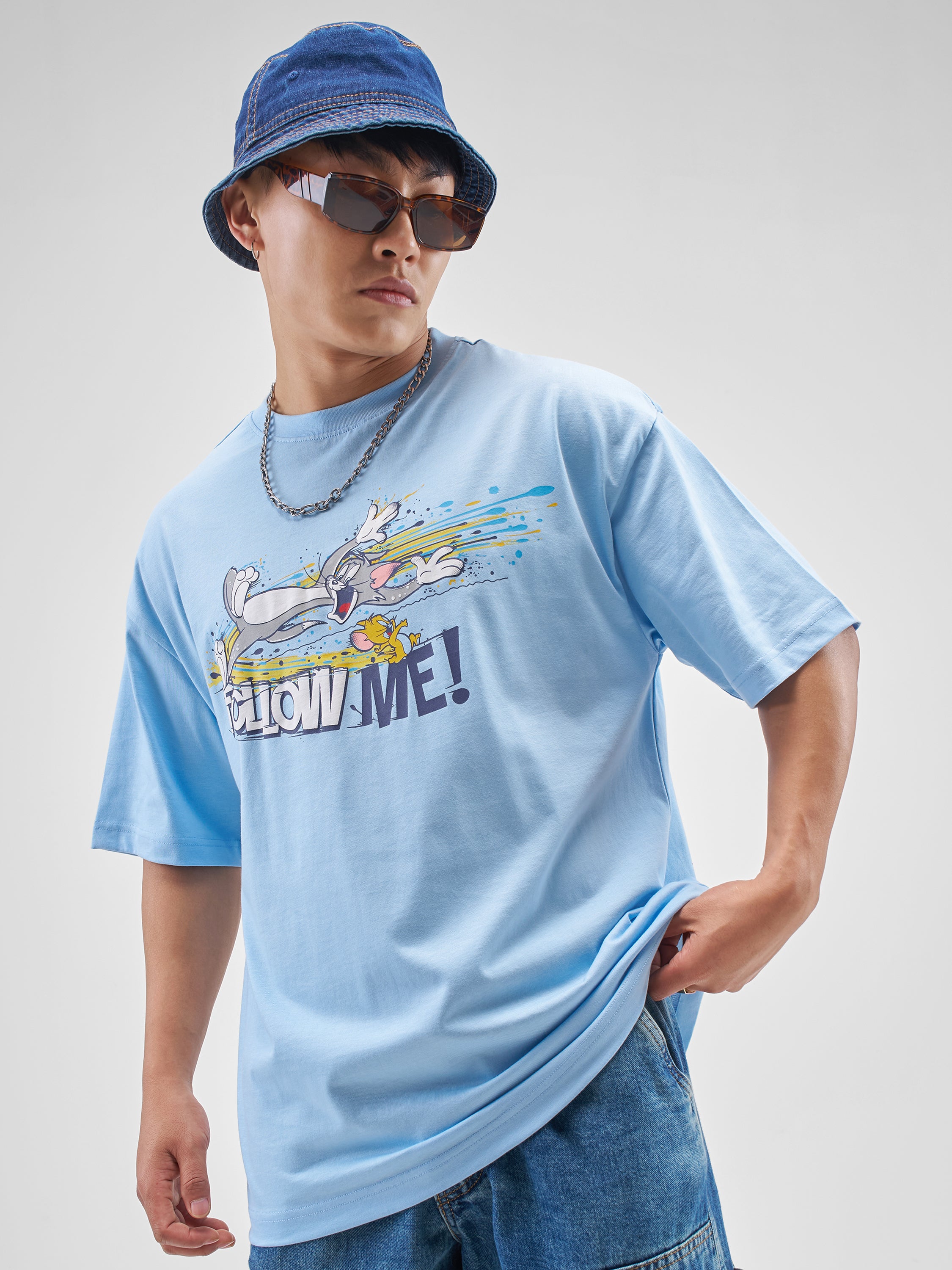 WB By Highlander Men Blue Tom And Jerry Printed Round Neck Oversized Fit T-Shirt - Blue - Image 3