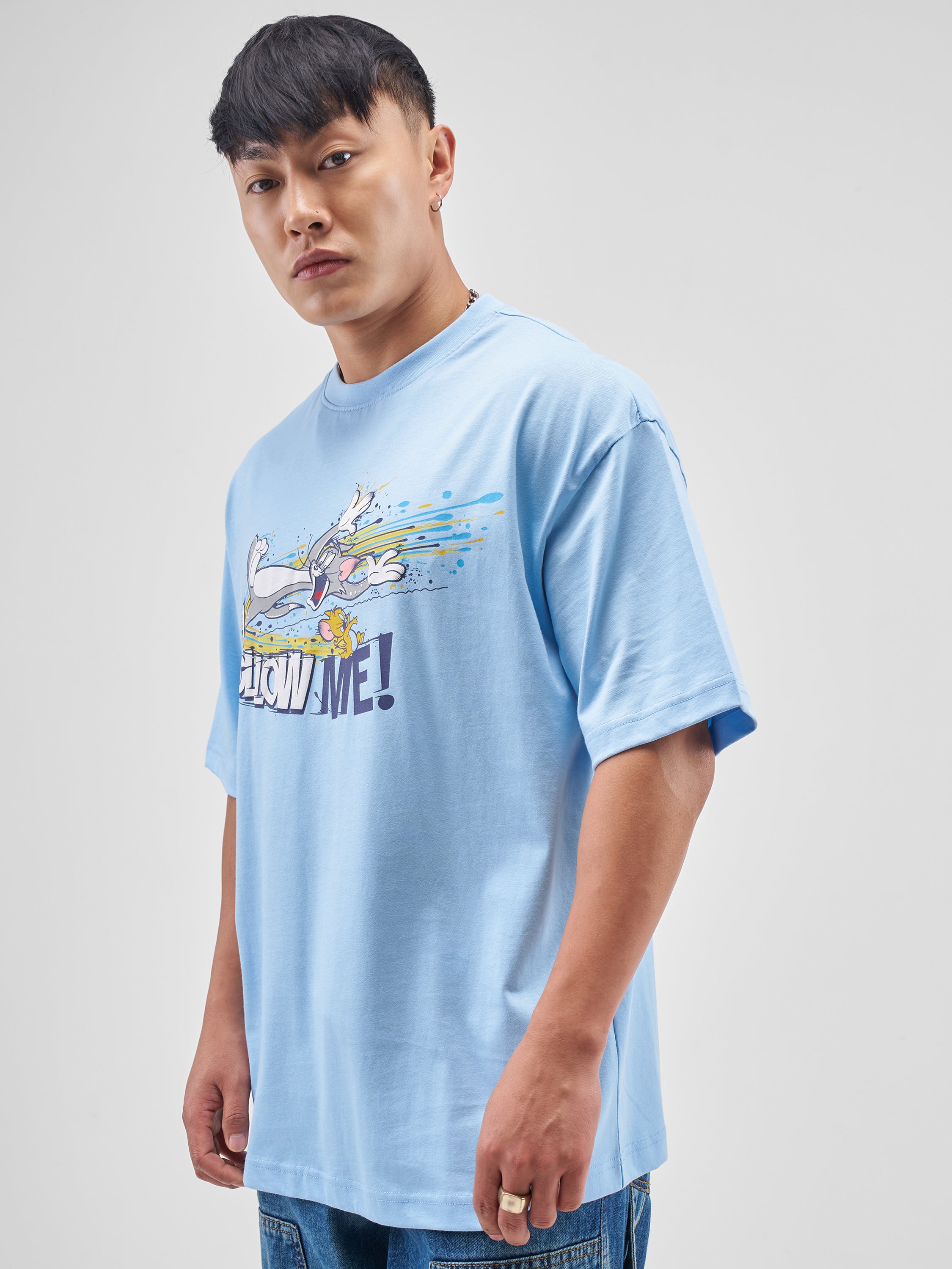 WB By Highlander Men Blue Tom And Jerry Printed Round Neck Oversized Fit T-Shirt - Blue - Image 4