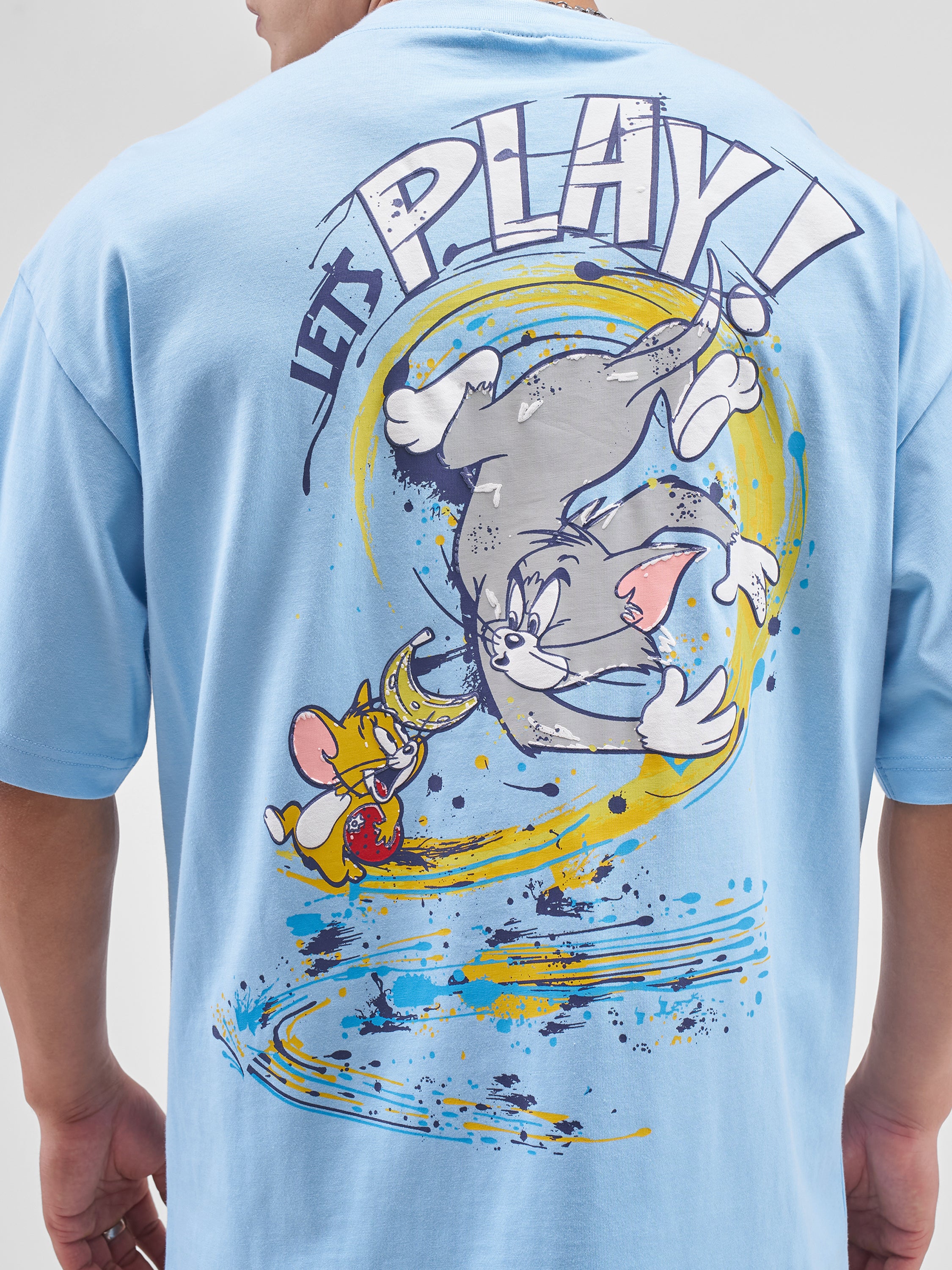 WB By Highlander Men Blue Tom And Jerry Printed Round Neck Oversized Fit T-Shirt - Blue - Image 5